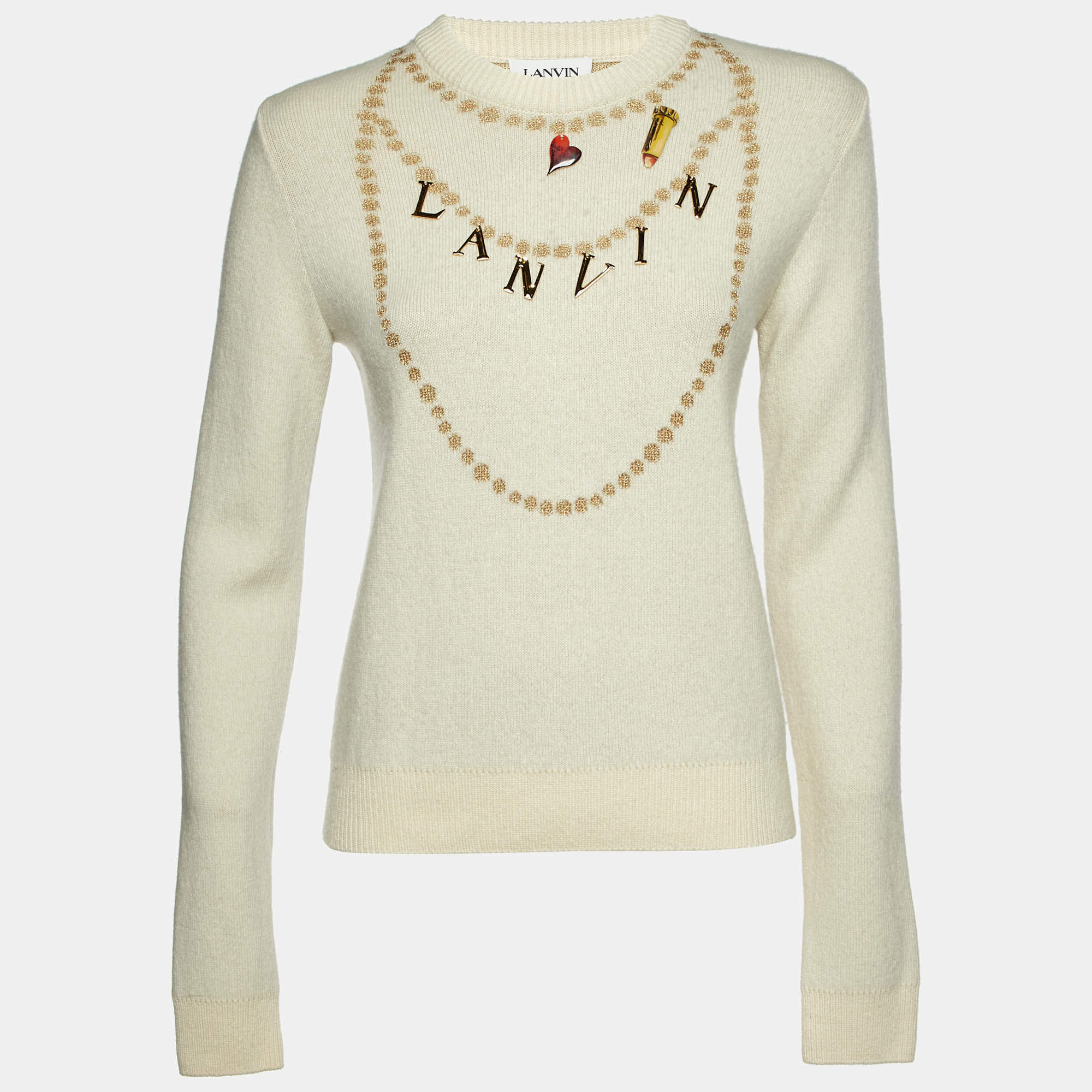 Pre Owned Lanvin Cream Cashmere & Wool Knit Logo Charm Detail Sweater S