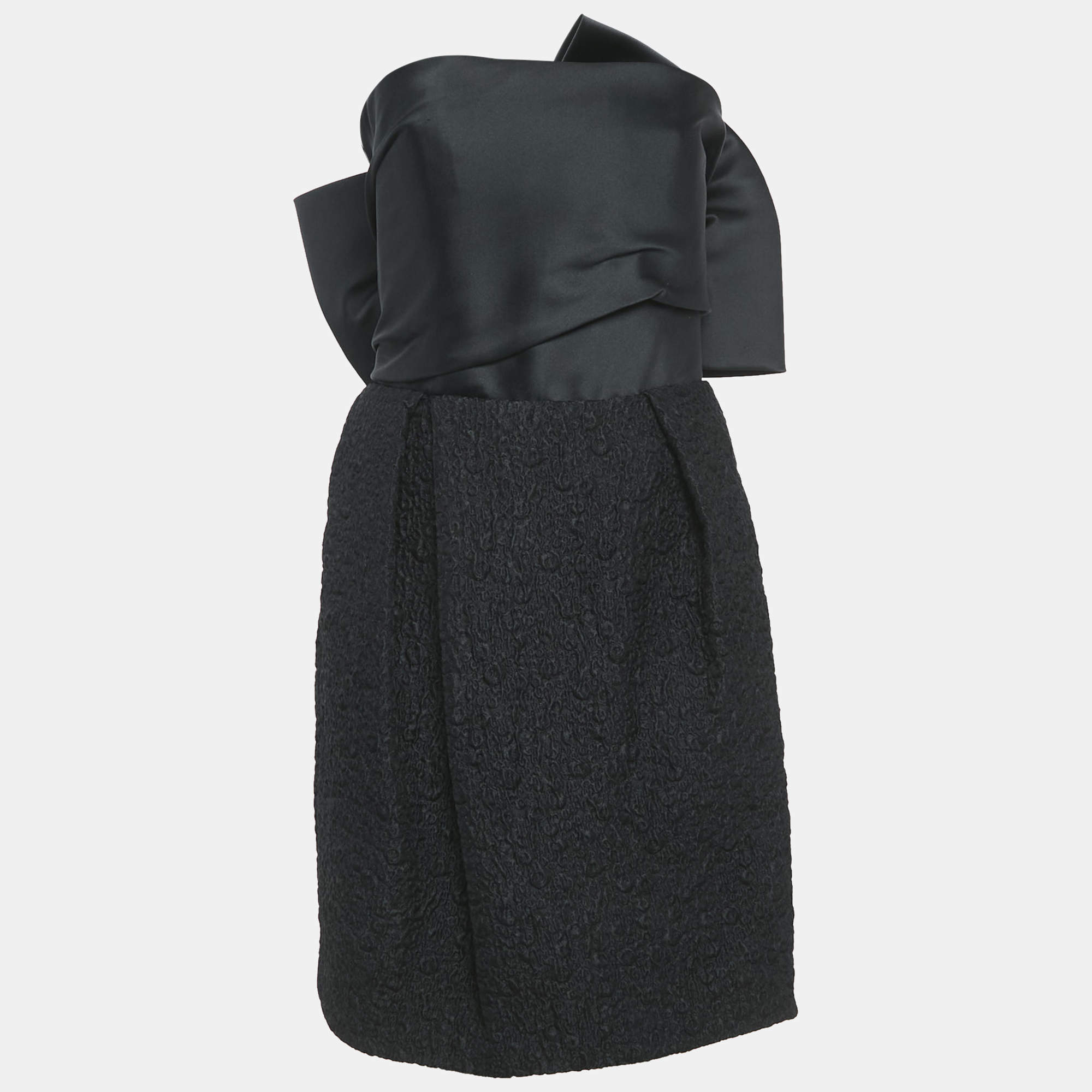 Lanvin Black Satin and Textured Jacquard Bow Detail Strapless Mini Dress M