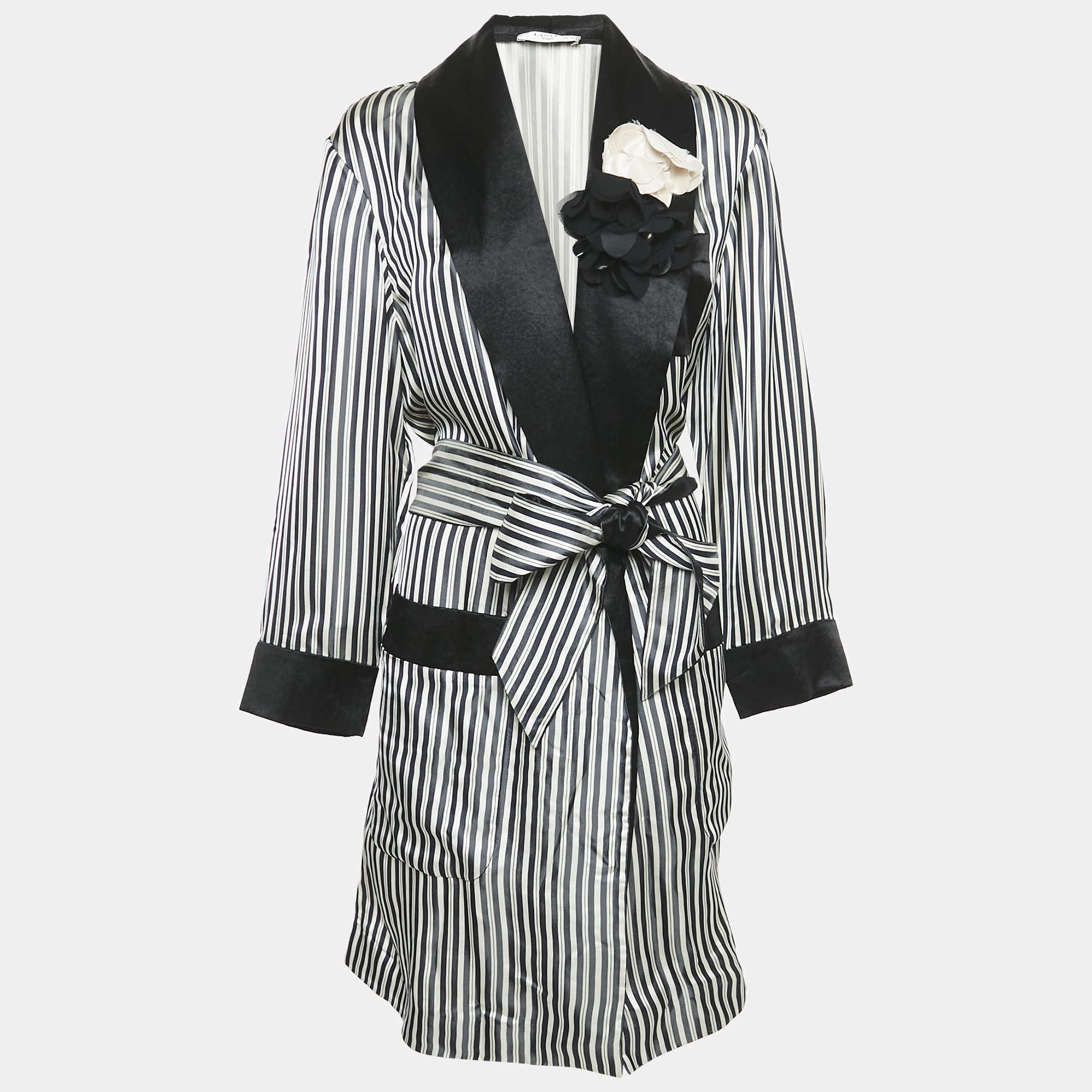 Pre Owned Lanvin Navy Black/White Stripe Satin Floral Applique Coat M