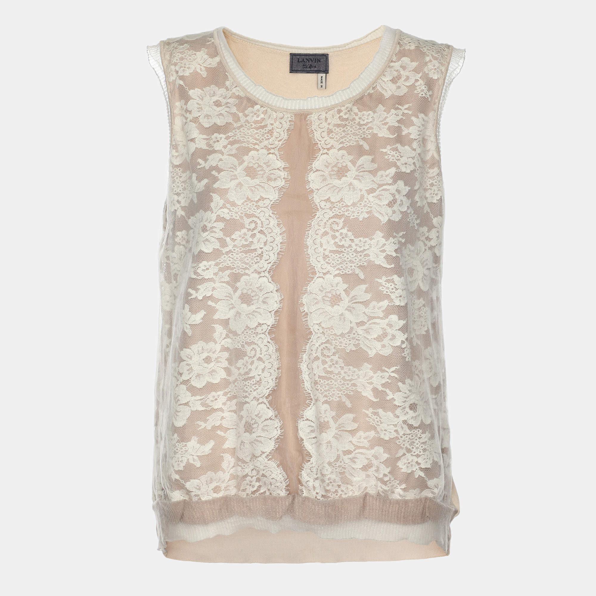 Lanvin Beige Floral Lace Cotton Sleeveless Top L