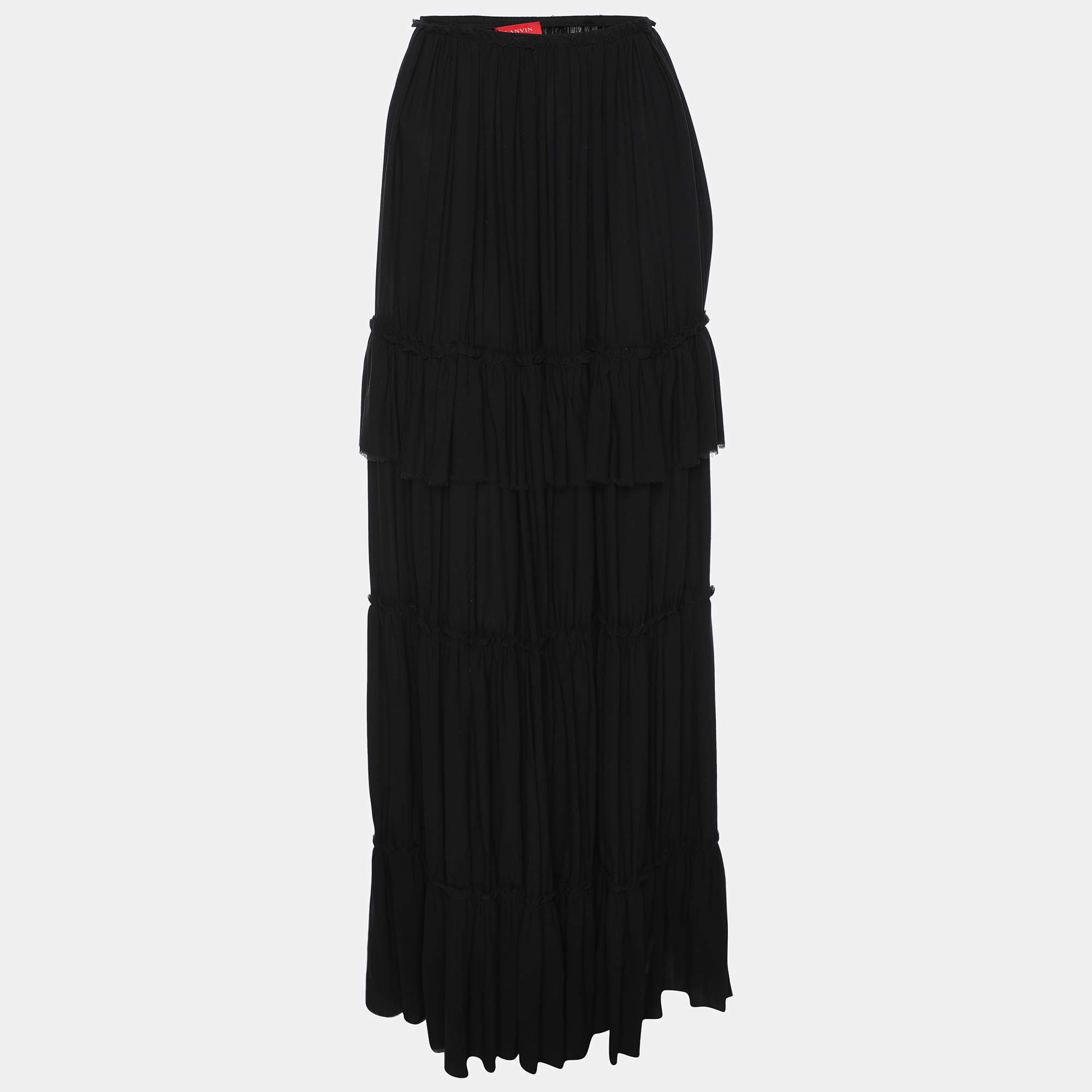 Lanvin Black Silk Layered Ruffle Maxi Skirt L