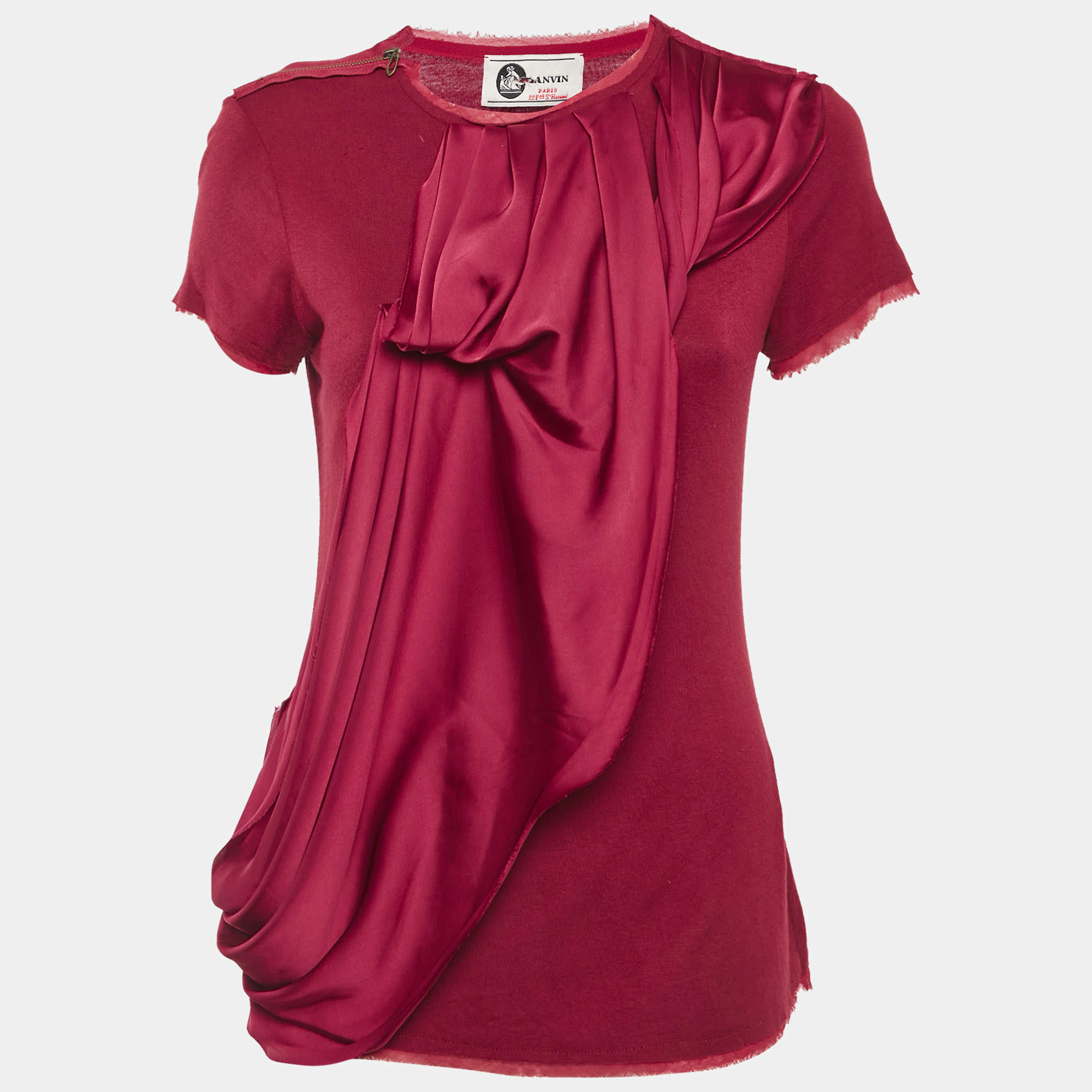 Pre Owned Lanvin Red Jersey Satin Drape Trim Detail Top S