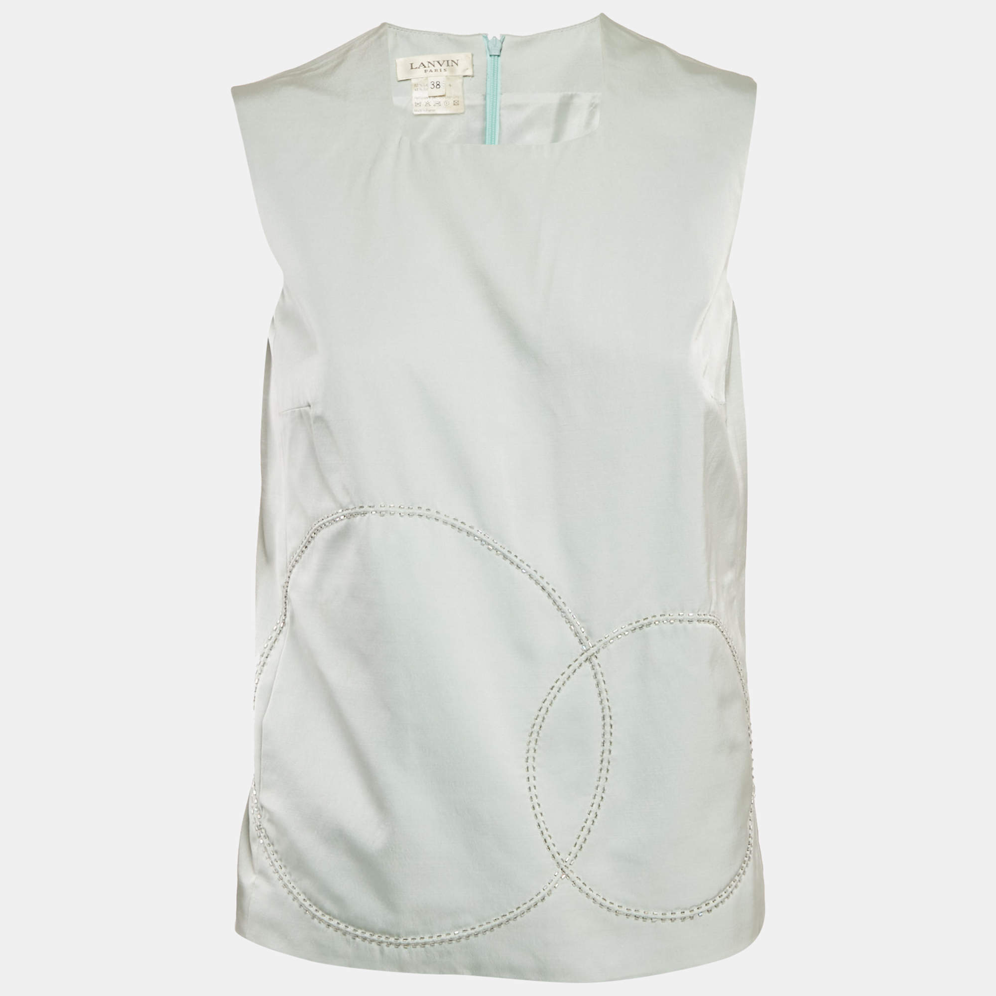 Pre Owned Lanvin Green Embellished Wool Blend Sleeveless Top M