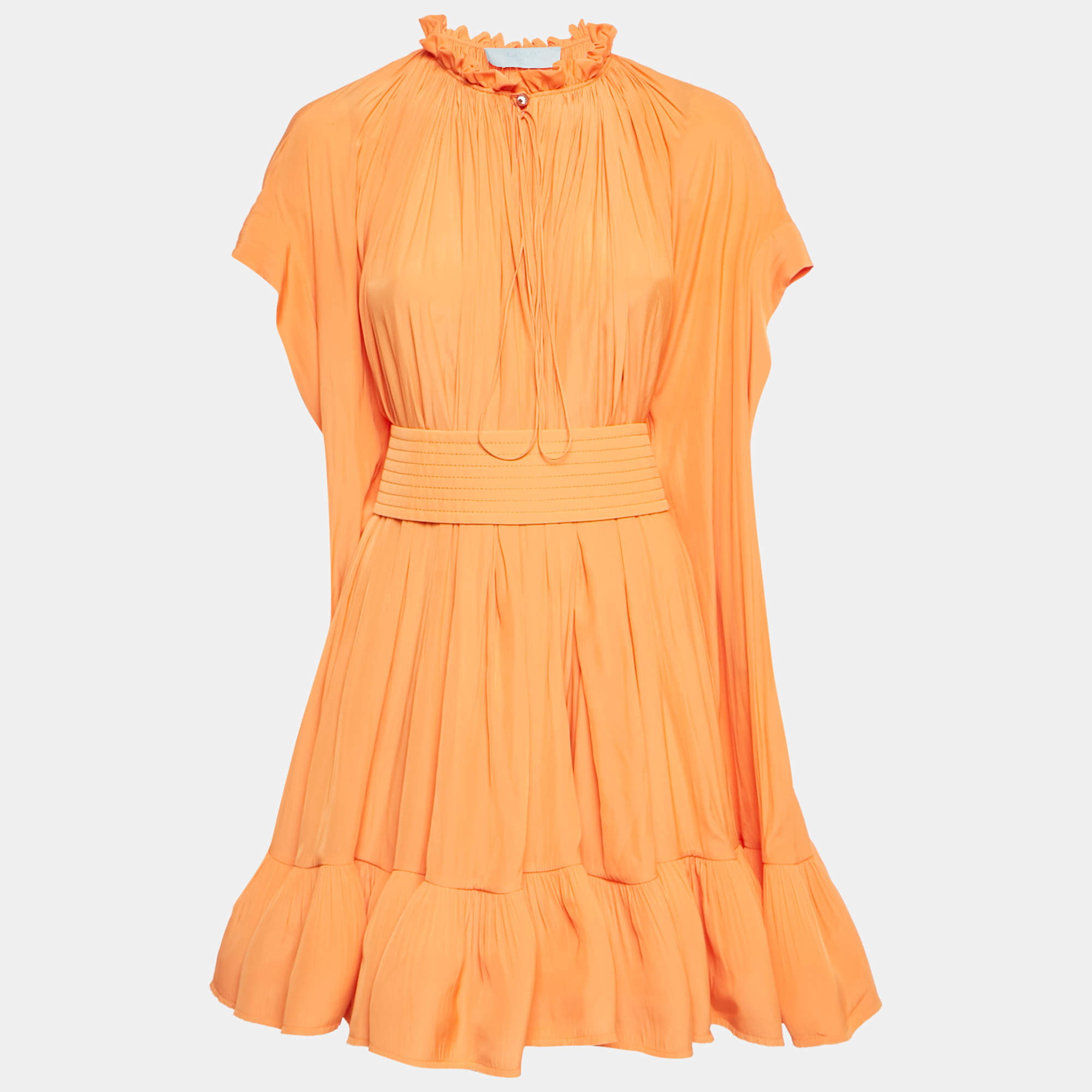 Pre Owned Lanvin Orange Crepe Cape Detail Ruffled Charmeuse Dress L