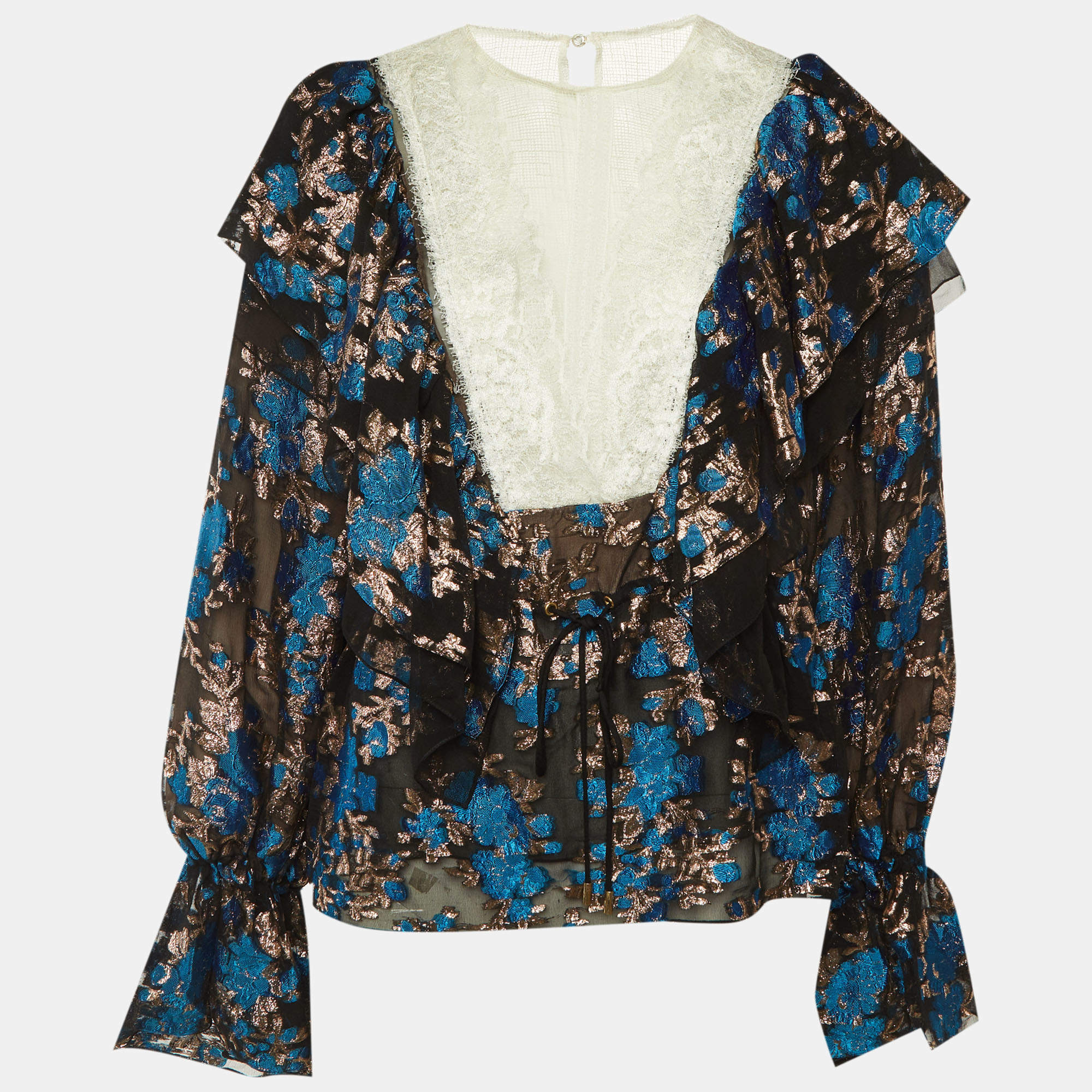 مملوكة مسبقًا Lanvin Black Floral Brocade & Lace Ruffled Blouse M
