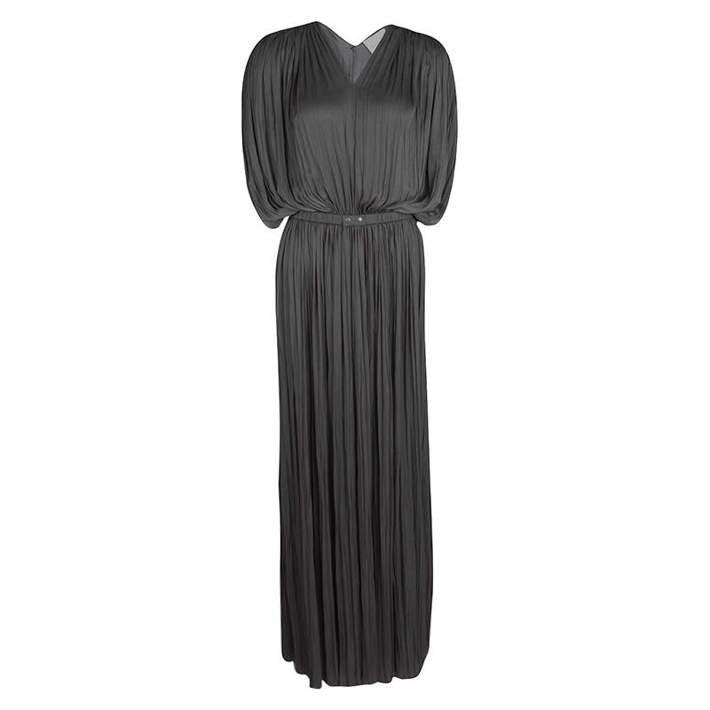 Pre Owned Lanvin Grey Draped Plisse Gathered Belted Maxi Dress S