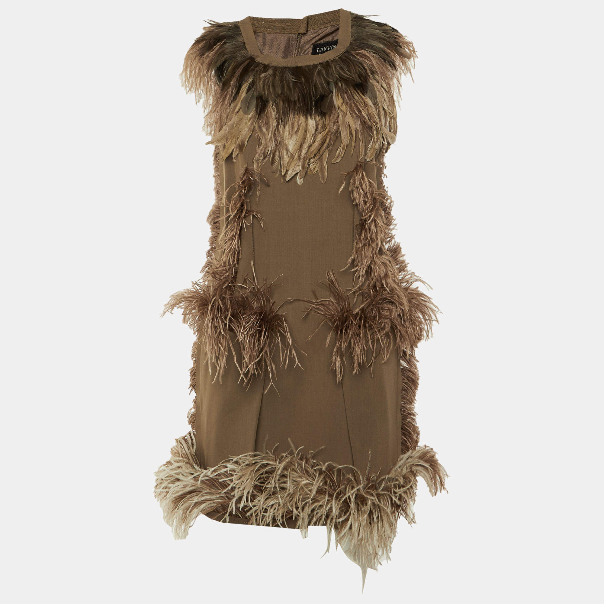 مملوكة مسبقًا Lanvin Brown Wool & Feather Trim Sleeveless Mini Dress L