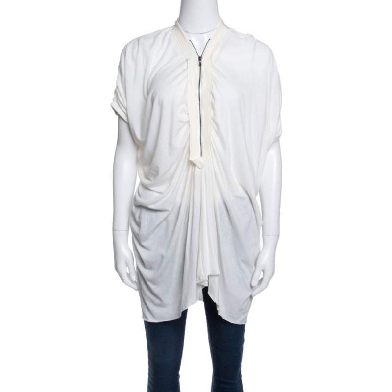 Pre Owned Lanvin Cream Ruched Detail Short Sleeve Tunic M