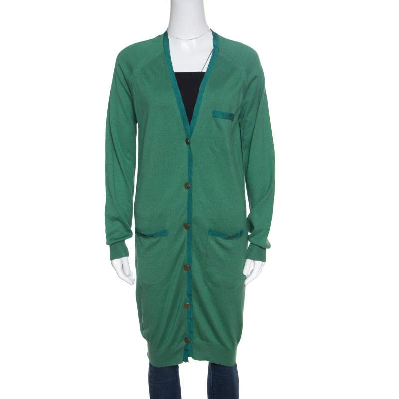 Lanvin Green Cashmere Blend Raglan Sleeve Button Front Long Cardigan S