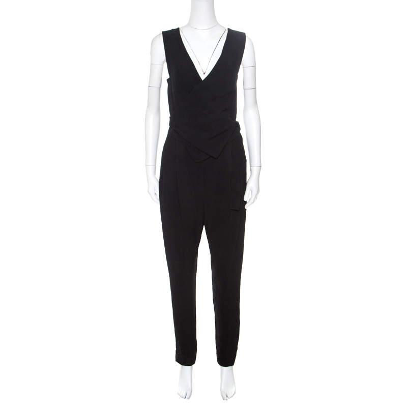 Pre Owned Lanvin Black Crepe Wrap Waistcoat Bodice Detail Tapered Jumpsuit S