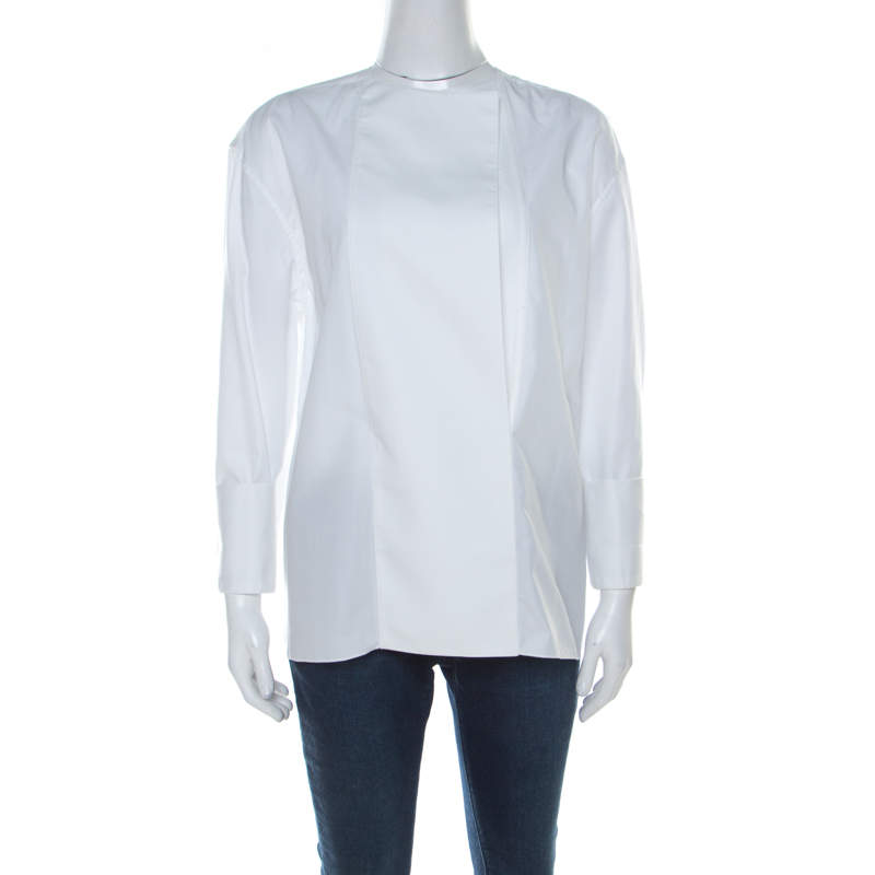 Pre Owned Lanvin White Cotton Long Sleeve Tuxedo Blouse M 
