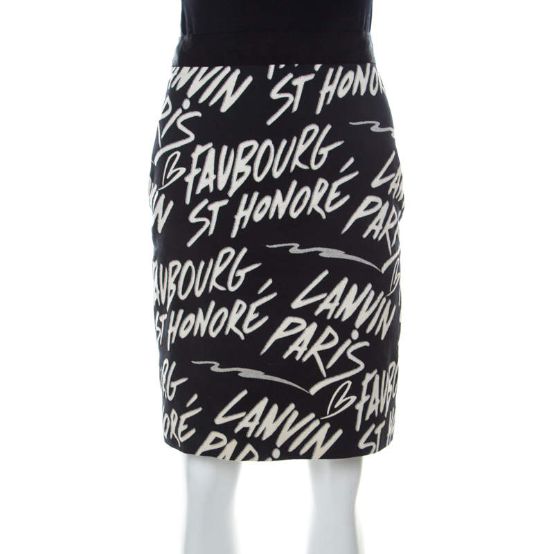 Pre Owned Lanvin Black Printed Cotton Stretch Sheath Skirt M