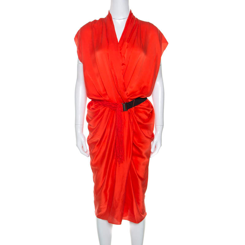 Pre Owned Lanvin Orange Silk Draped Front Belted Dress M
