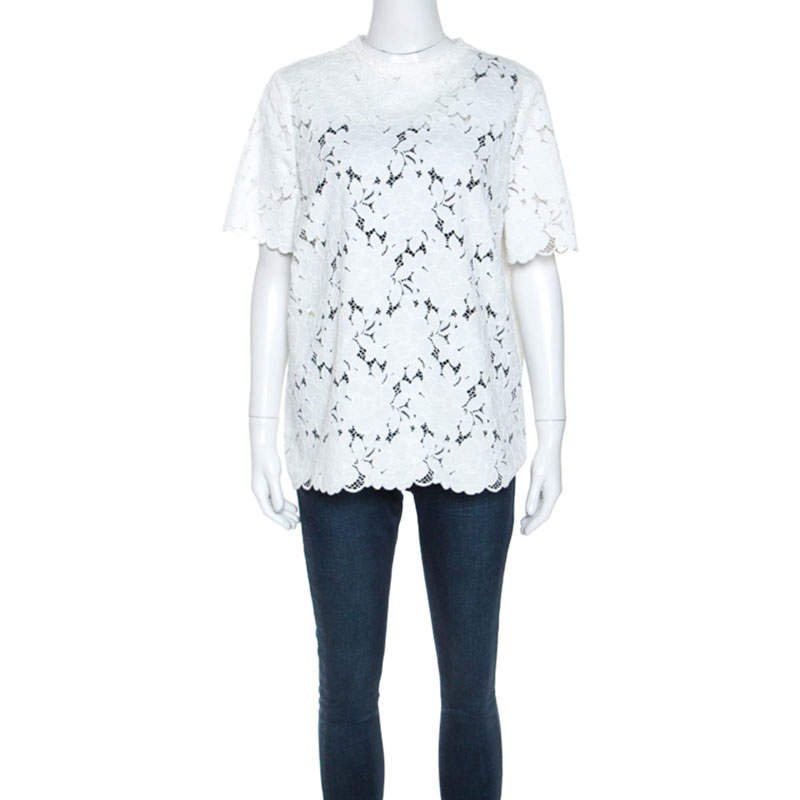 Pre Owned Lanvin White Guipure Lace Short Sleeve Top L