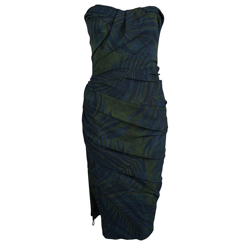 Lanvin Bottle Green Palm Leaf Print Strapless Ruched Midi Dress M
