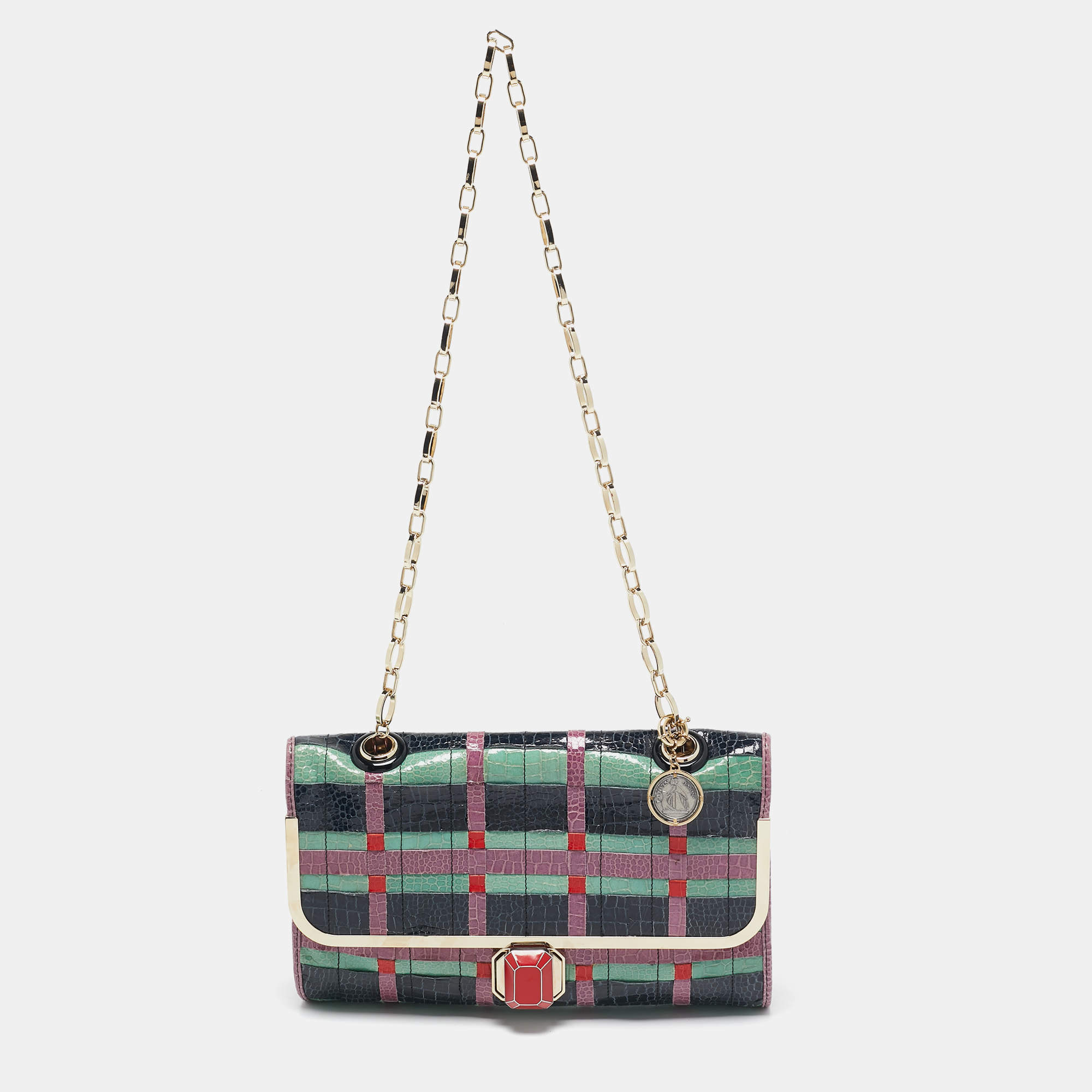 Lanvin Multicolor Woven Croc Embossed Patent Leather Flap Shoulder Bag