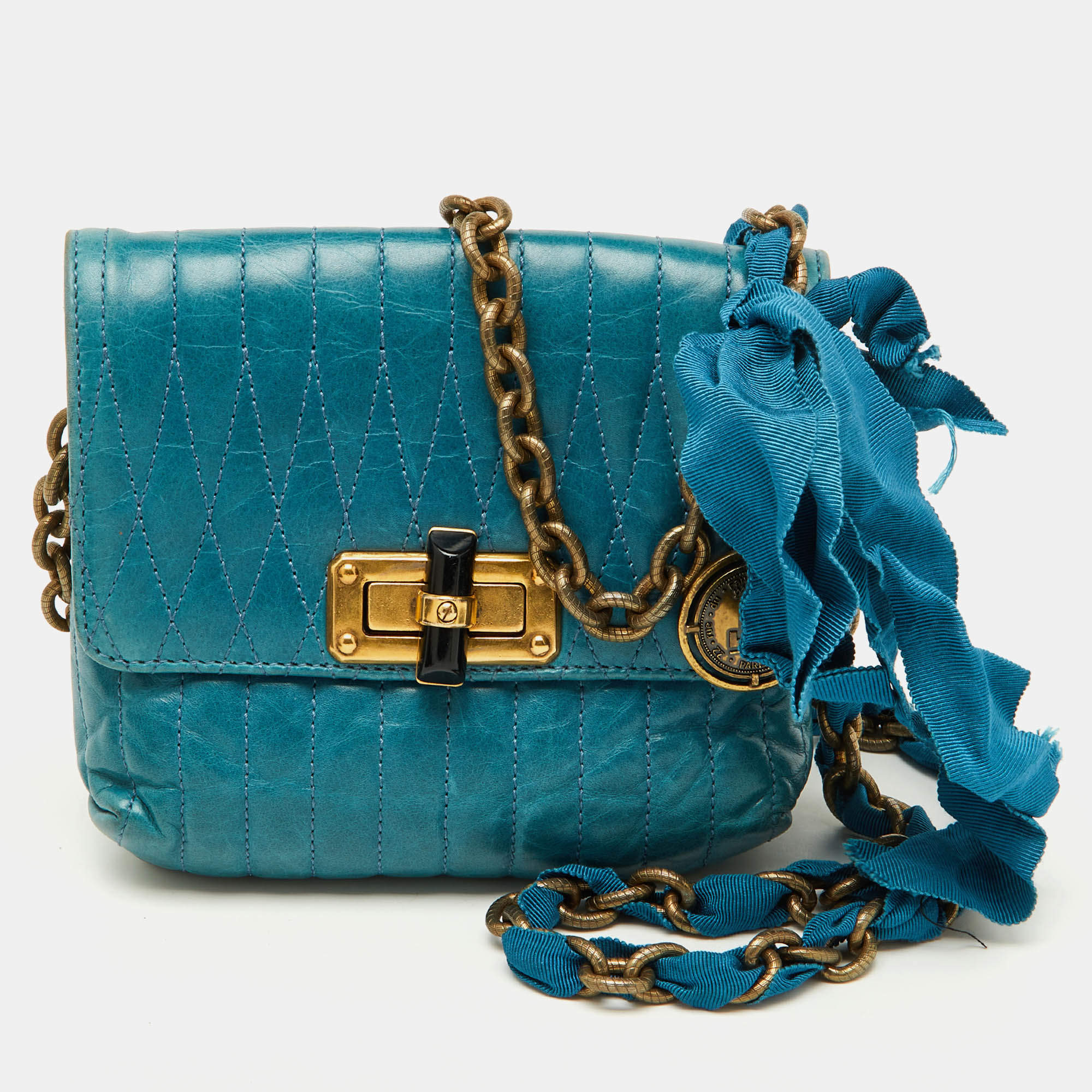 Pre Owned Lanvin Blue Quilted Leather Mini Pop Flap Crossbody Bag