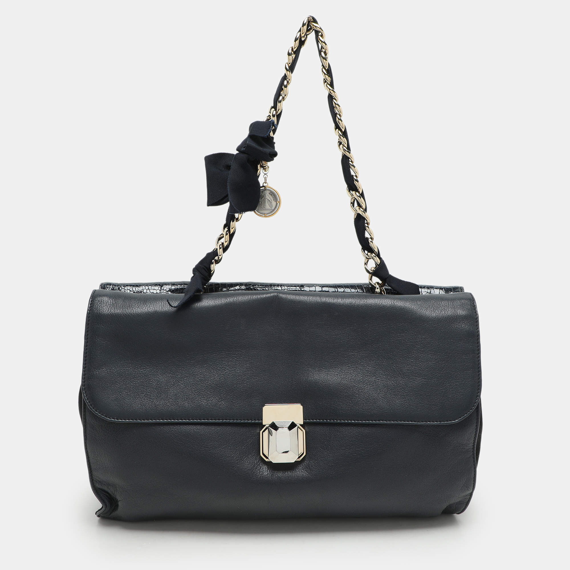 Lanvin Navy Blue Croc Embossed and Leather Flap Shoulder Bag