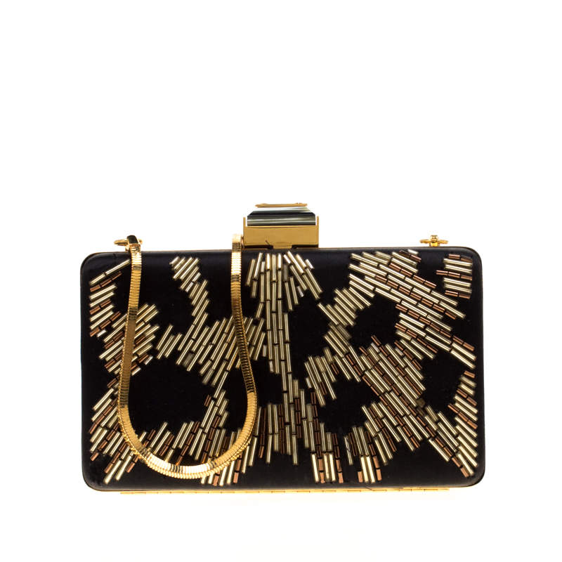 Pre Owned Lanvin Black/Gold Embellished Satin Chain Clutch