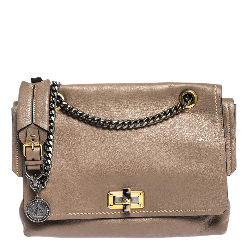 Pre Owned Lanvin  Beige Leather Happy Flap Shoulder Bag