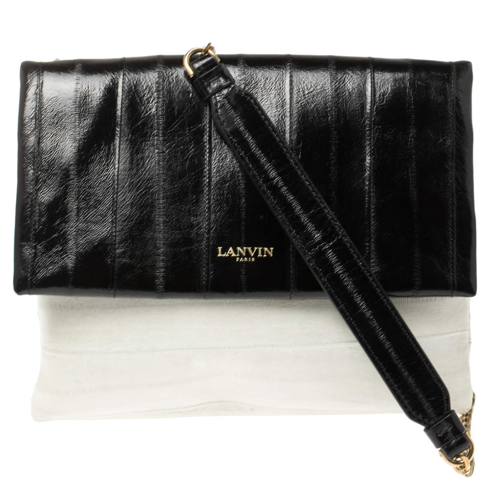 Pre Owned Lanvin Black/Cream Textured Leather Sugar Shoulder Bag