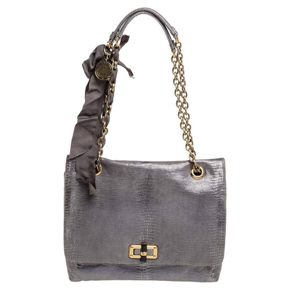 Pre Owned Lanvin Metallic Silver Lizard Embossed Leather Happy Shoulder Bag