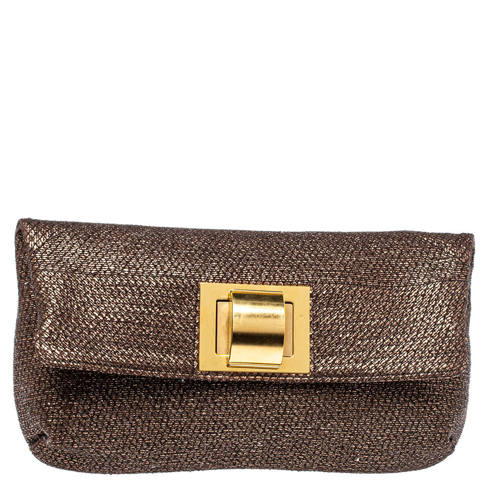 Lanvin Metallic Brown Lamé Fabric Turnlock Fold Over Clutch