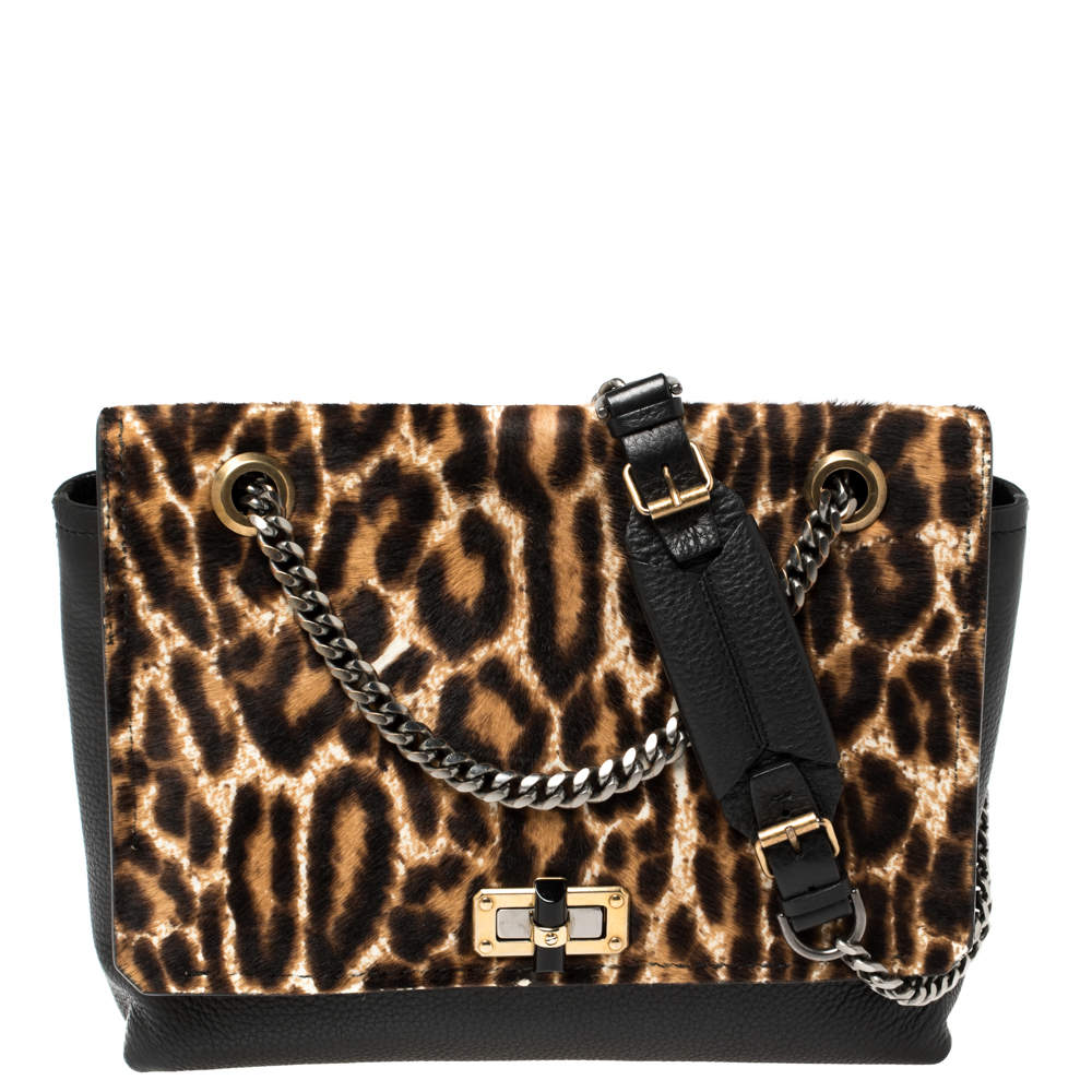 Lanvin Black/Brown Leopard Print Pony Hair and Leather Happy Shoulder Bag