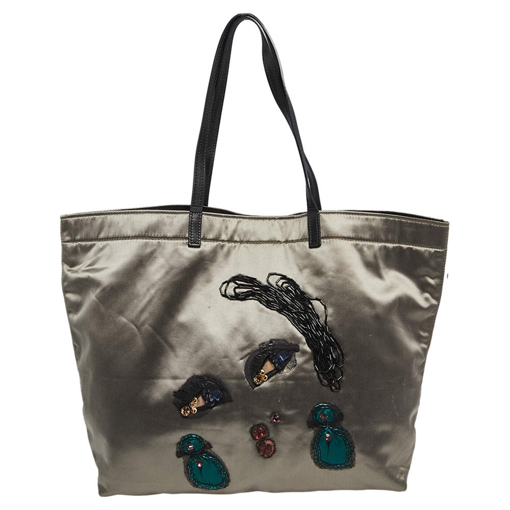 Pre Owned Lanvin Grey/Black Satin and Leather Shopper Tote