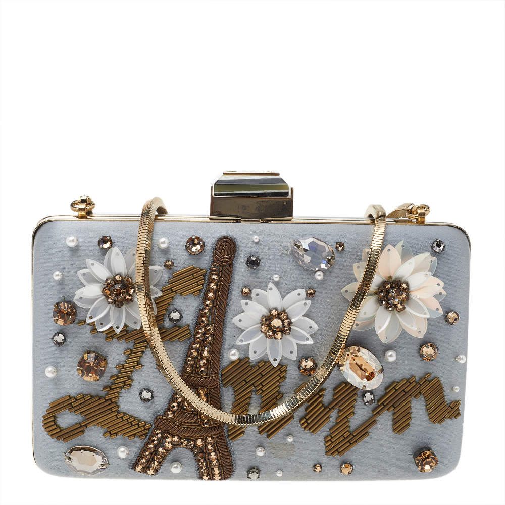 Pre Owned Lanvin Baby Blue Satin Embellished Chain Clutch