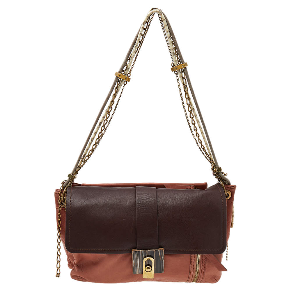Pre Owned Lanvin Brown Deep Coral/Brown Leather and Python Dear Danae Chain Shoulder Bag