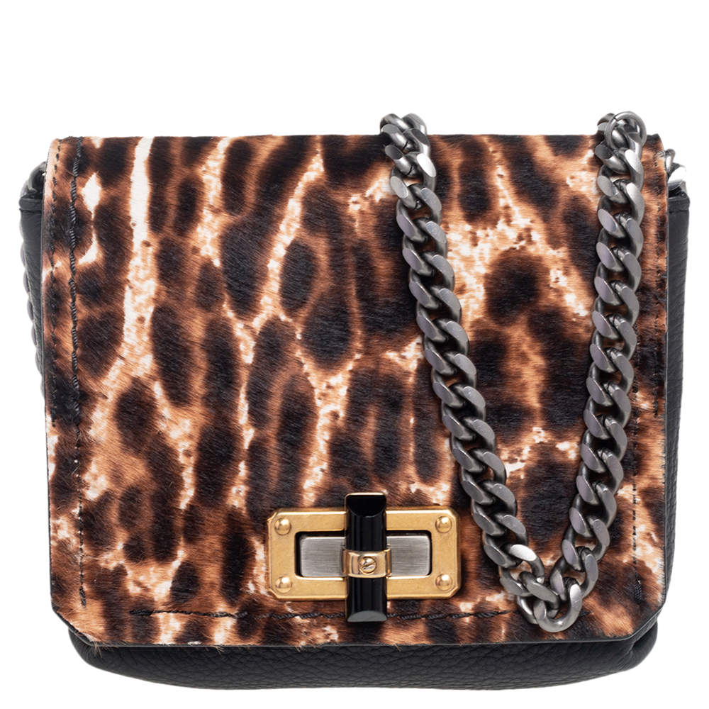 Pre Owned Lanvin Black/Brown Leopard Print Pony Hair and Leather Happy Shoulder Bag