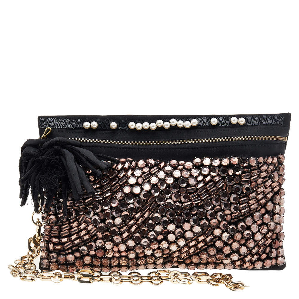 Pre Owned Lanvin Black Satin Crystal Embellished Chain Clutch