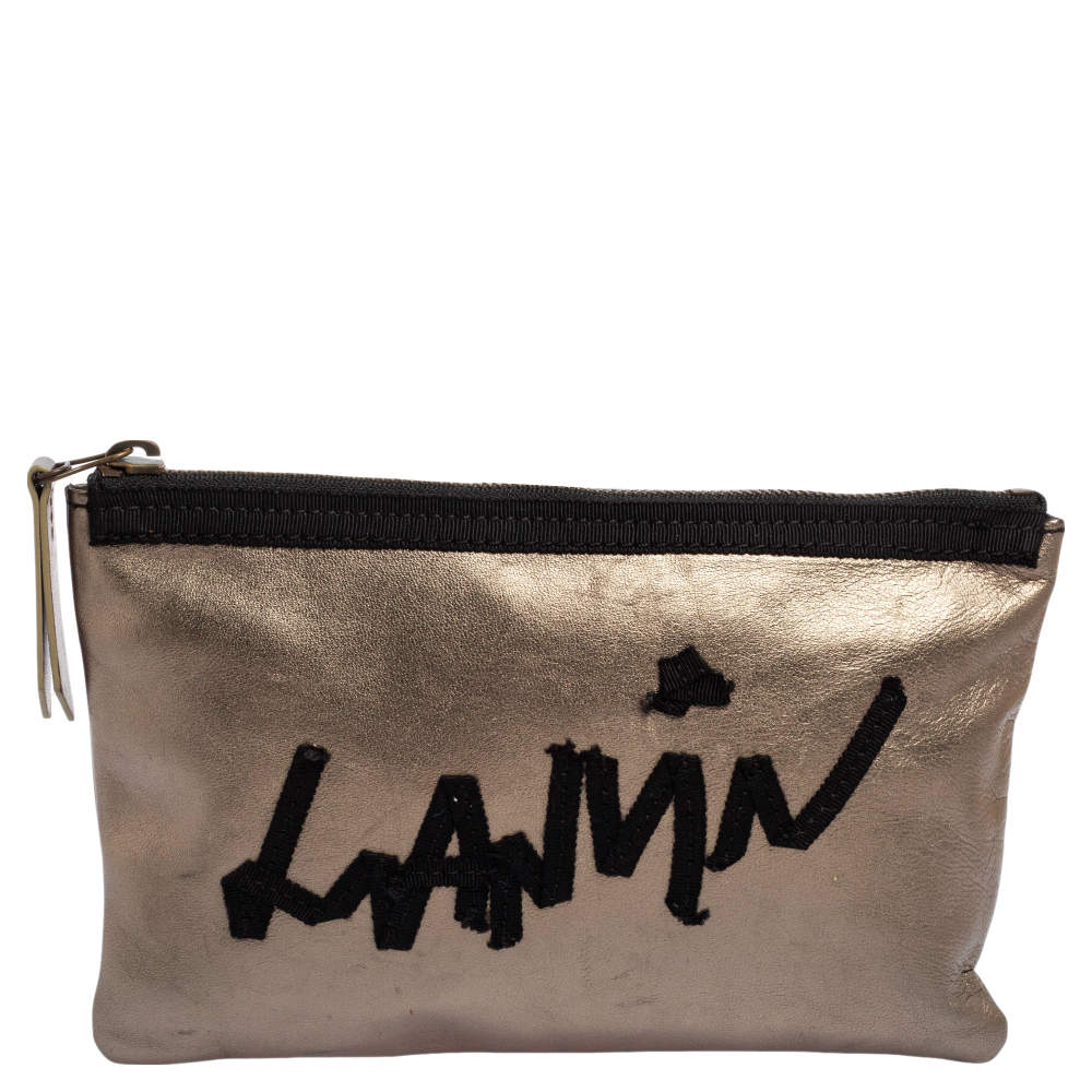 Pre Owned Lanvin Metallic Olive Leather Logo Patch Pouch