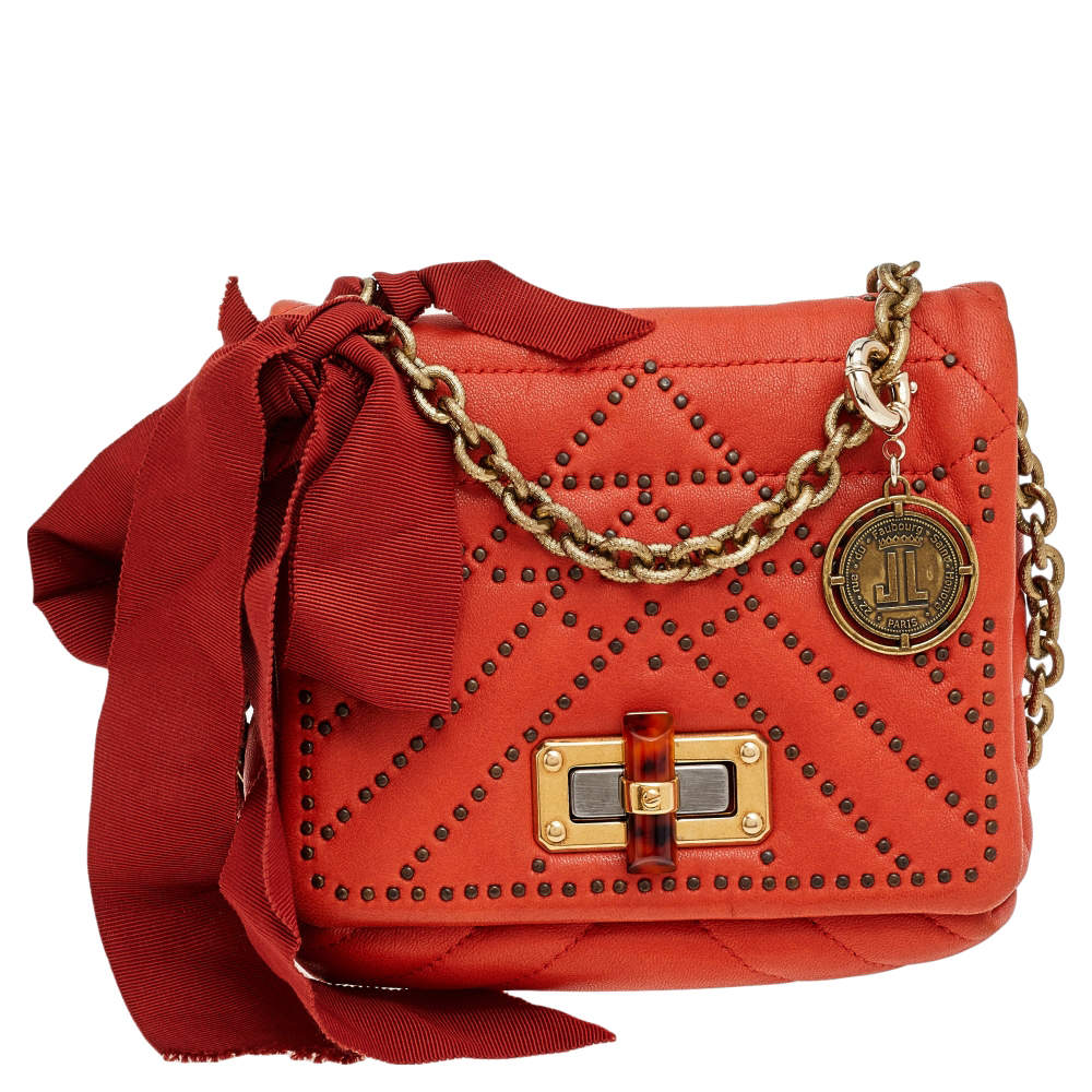 Pre Owned Lanvin Orange Studded Leather Happy Classic Flap Shoulder Bag