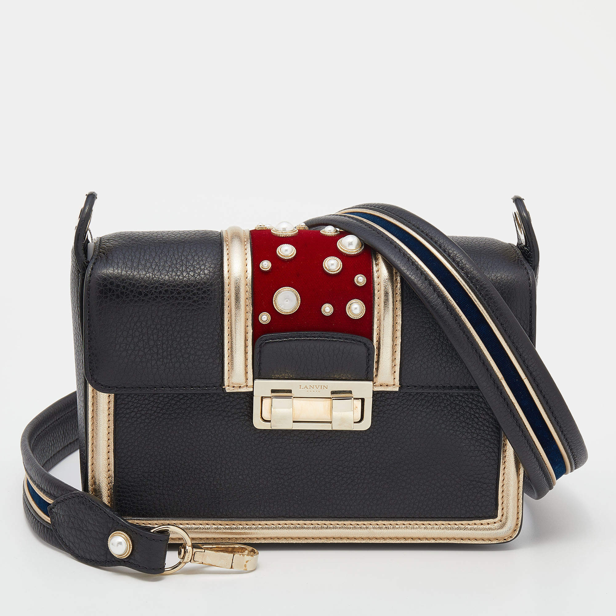 Pre Owned Lanvin Multicolor Leather and Velvet Small Pearl Embellished Jiji Shoulder Bag