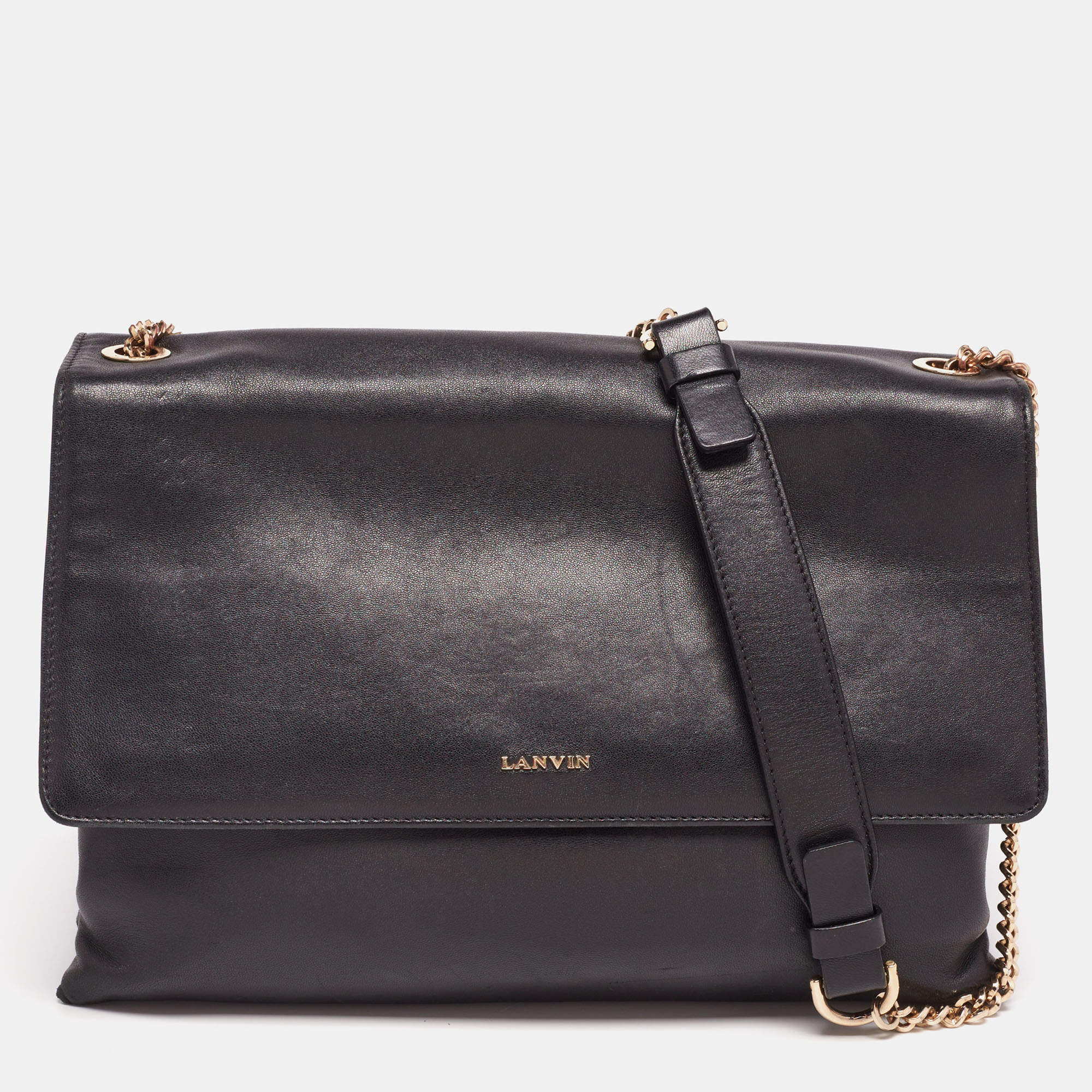 Pre Owned Lanvin Black Leather Flap Shoulder Bag