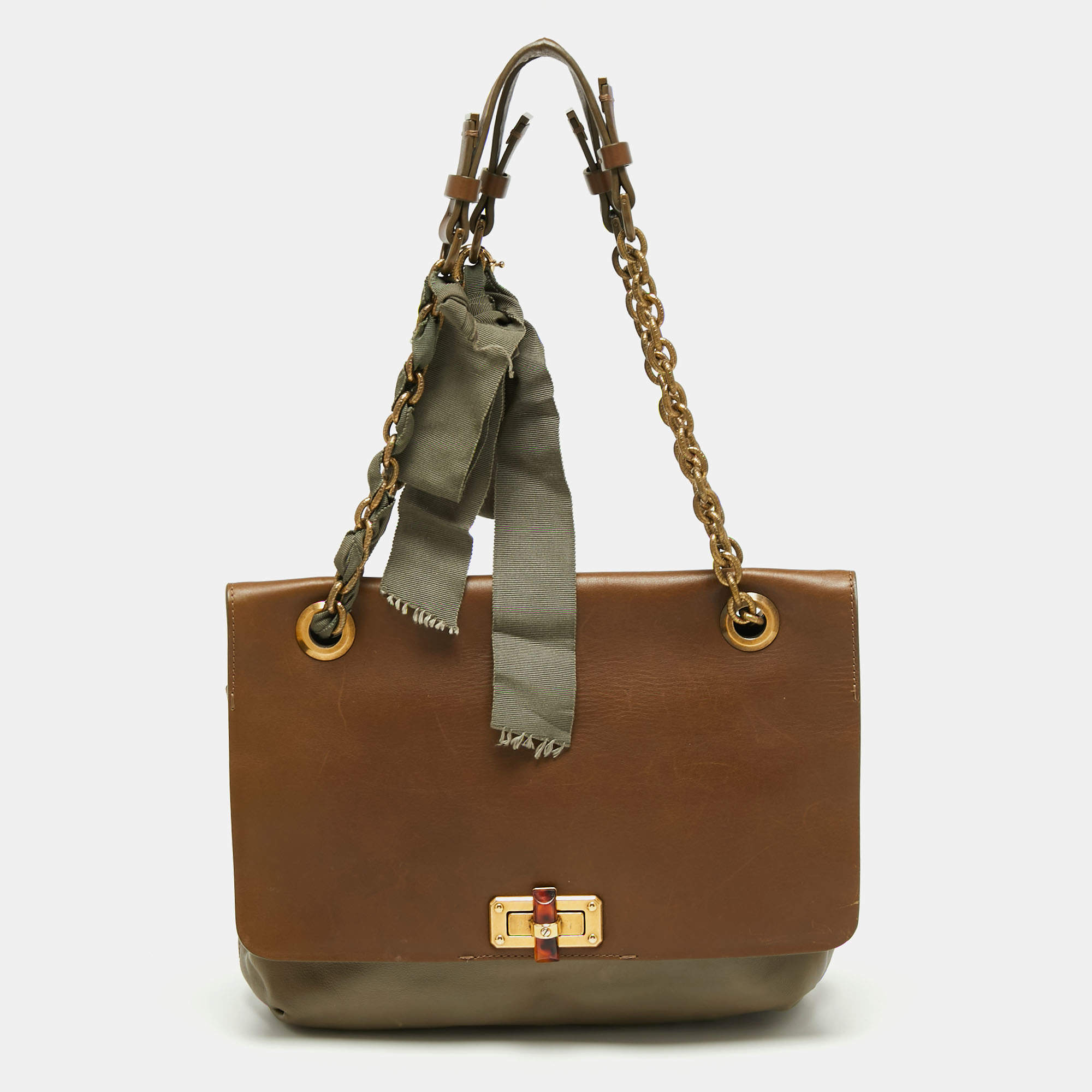 Pre Owned Lanvin Brown/Olive Green Leather Happy Flap Shoulder Bag