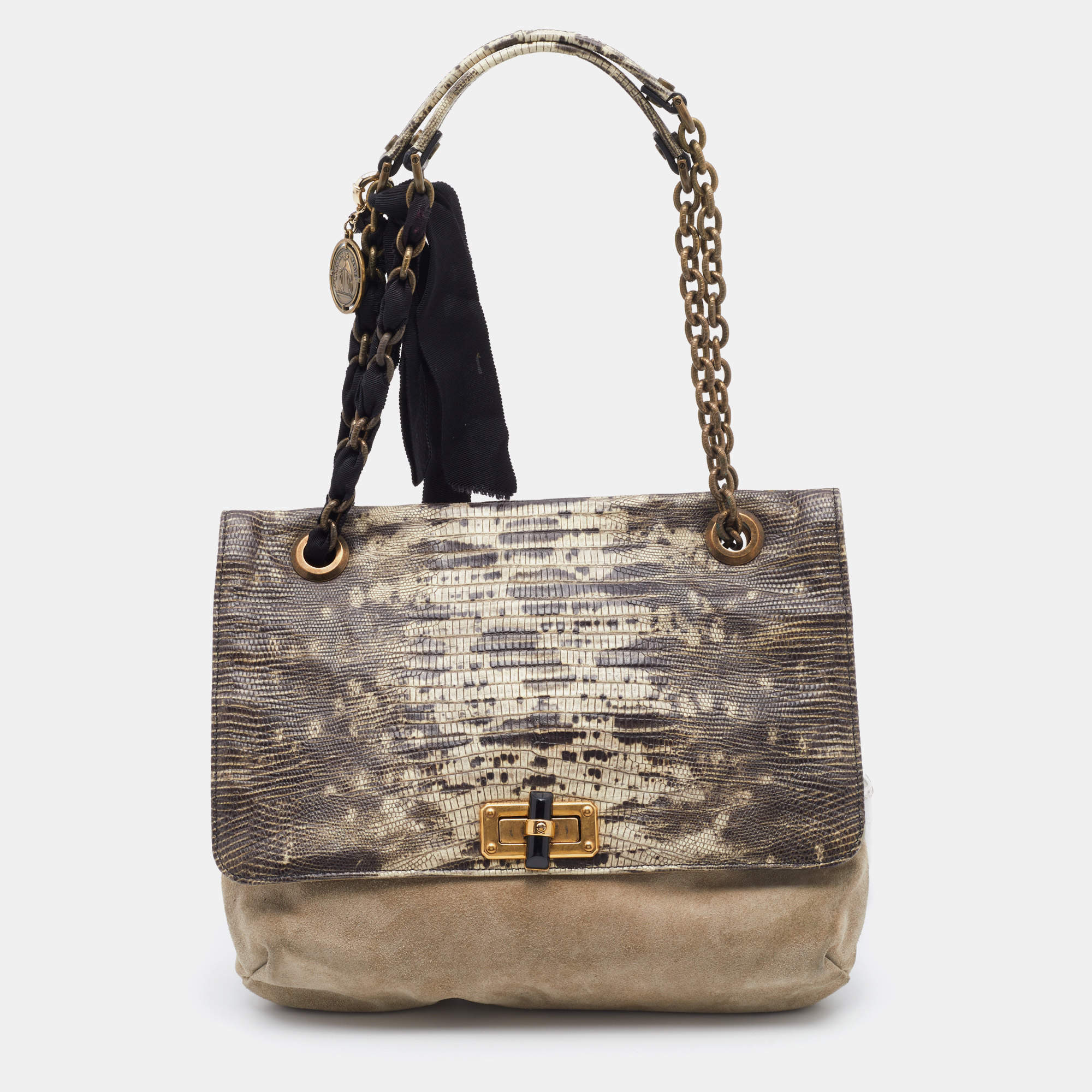 Pre Owned Lanvin Beige/Black Lizard Embossed Leather and Suede Happy Shoulder Bag