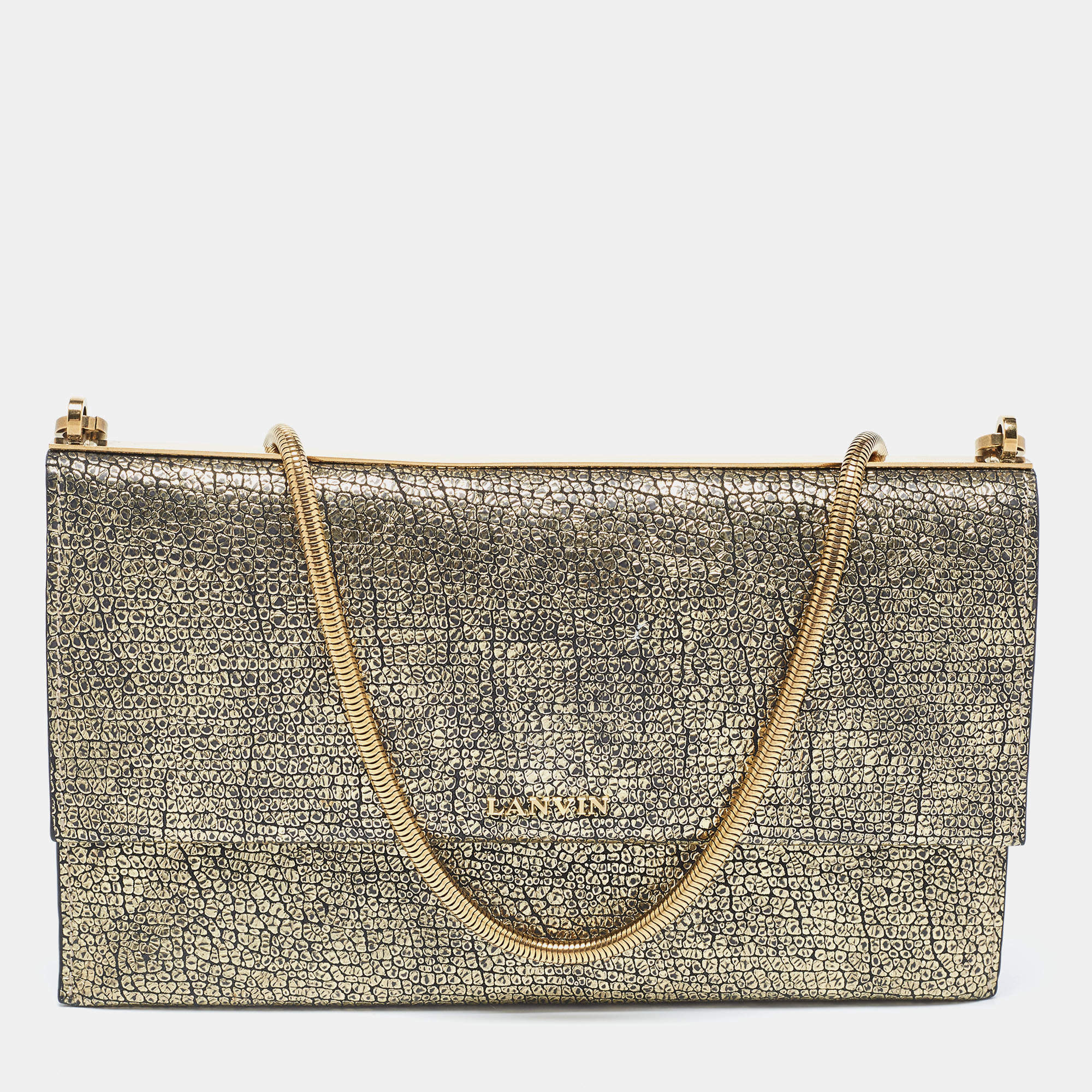 Pre Owned Lanvin Gold Leather Flap Chain Clutch