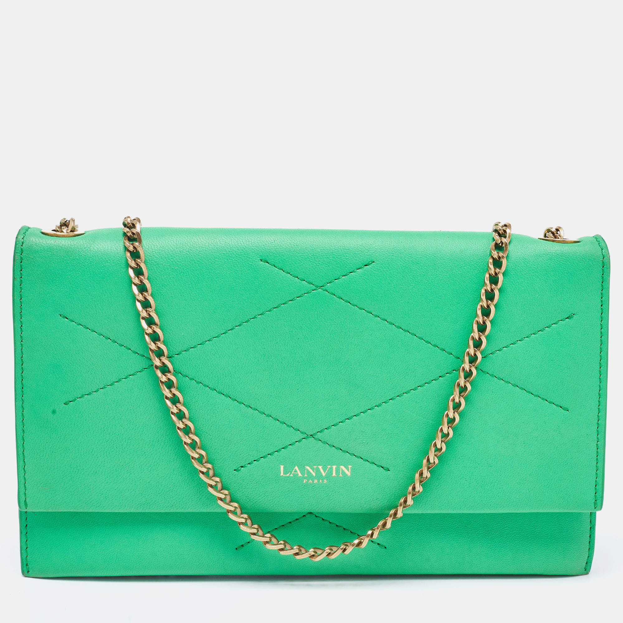 Pre Owned Lanvin Green Leather Flap Chain Clutch