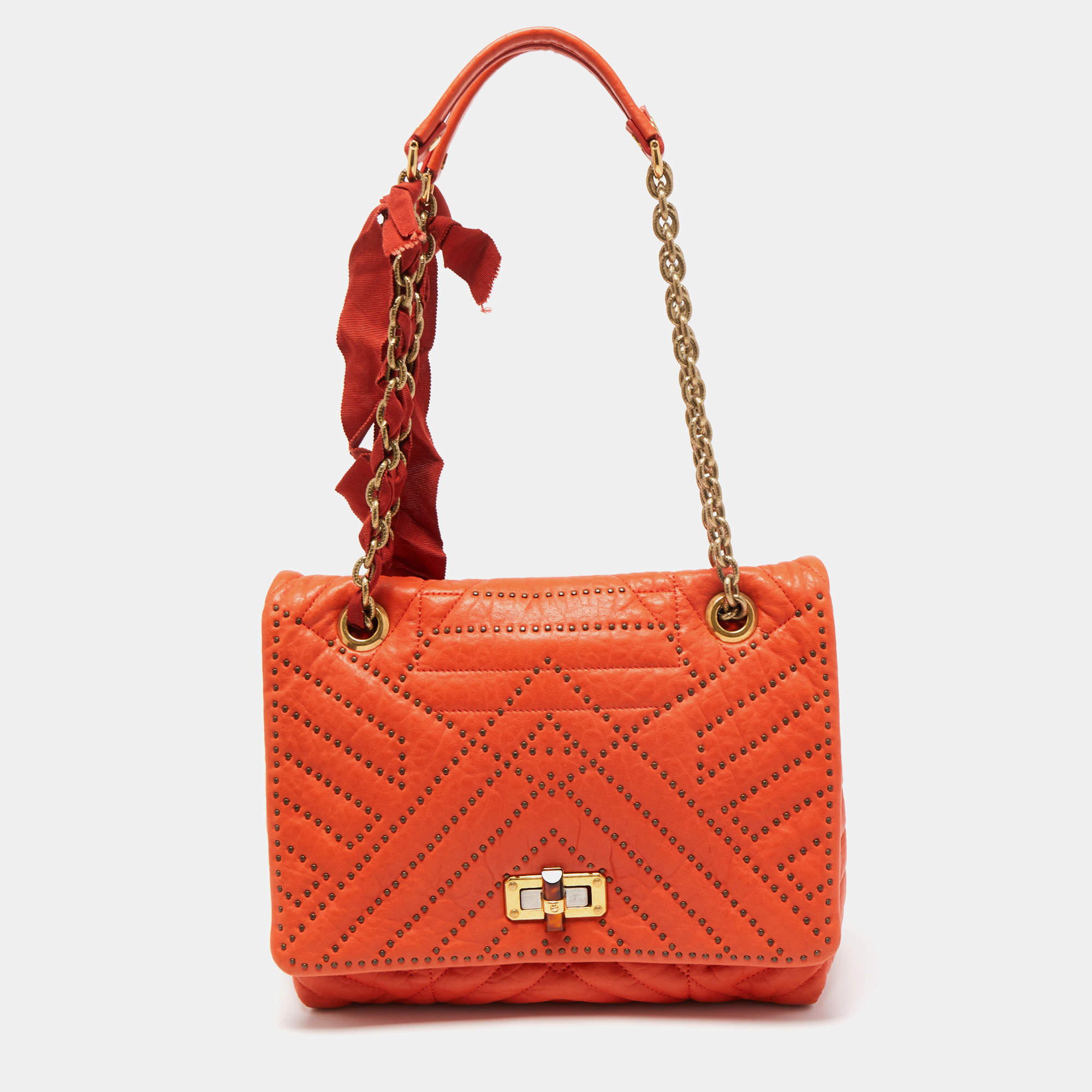 Pre Owned Lanvin Orange Quilted Studded Leather Happy Flap Shoulder Bag
