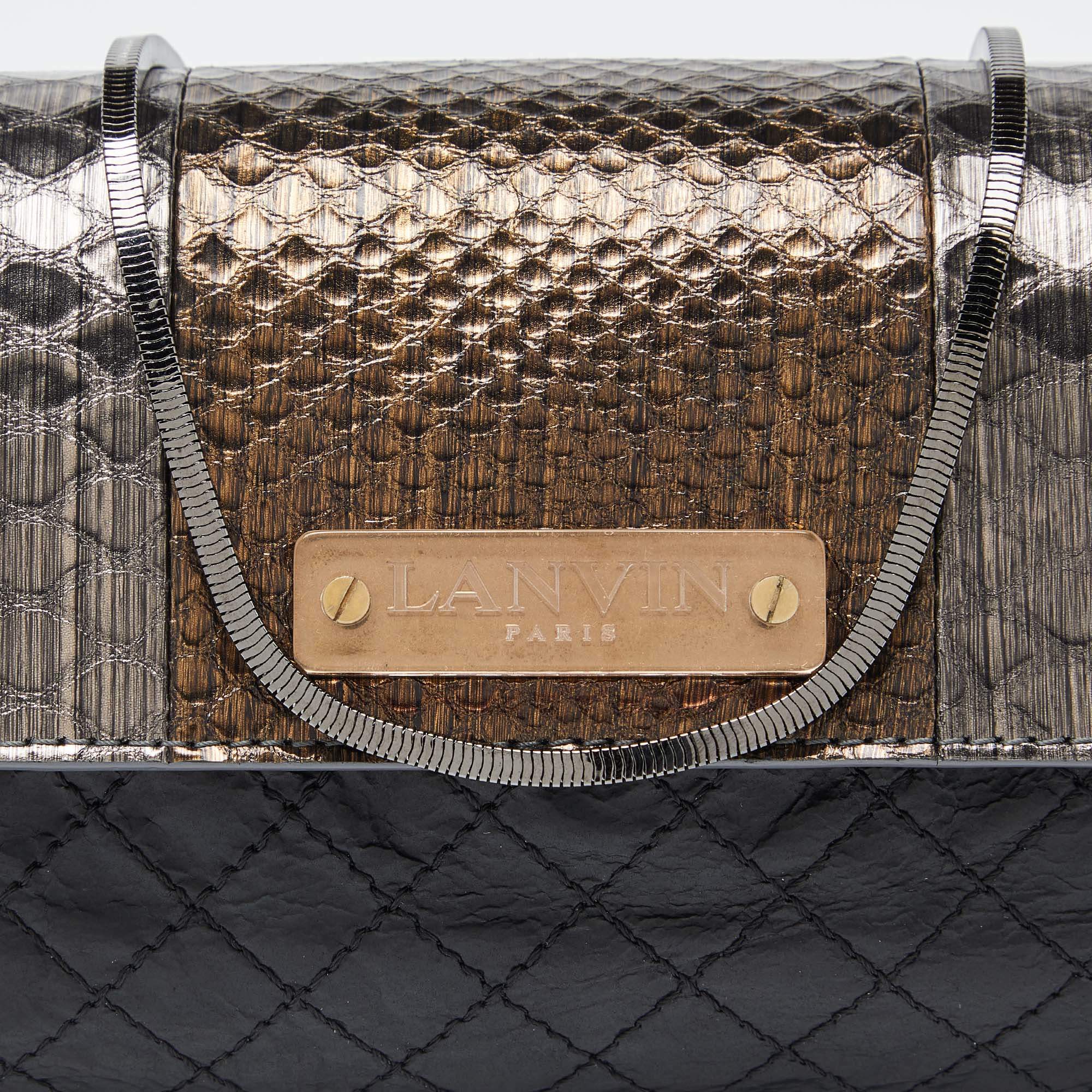 Lanvin Black/Gold Quilted Leather and Python Embossed Leather Flap Crossbody  Bag Lanvin