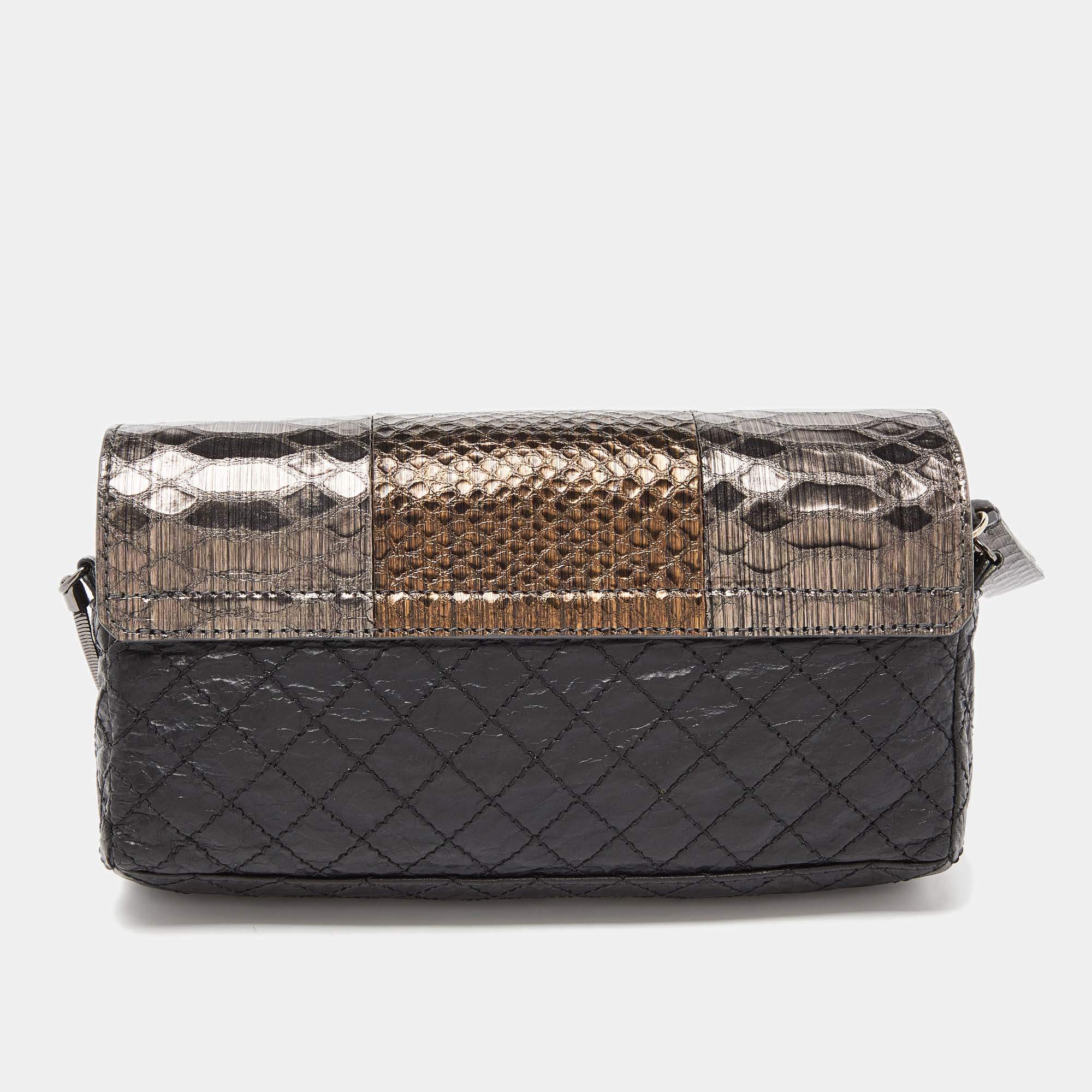 Lanvin Black/Gold Quilted Leather and Python Embossed Leather Flap Crossbody  Bag Lanvin