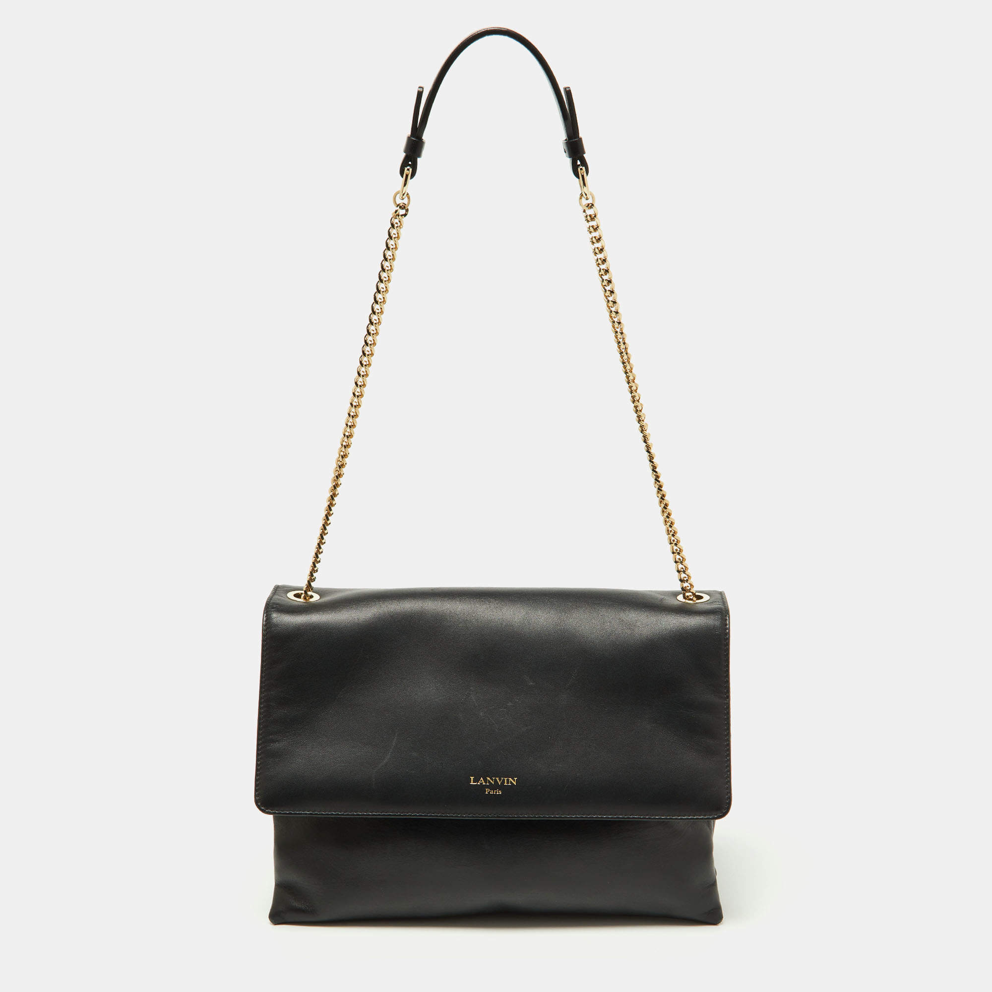 Pre Owned Lanvin Black Leather Flap Shoulder Bag