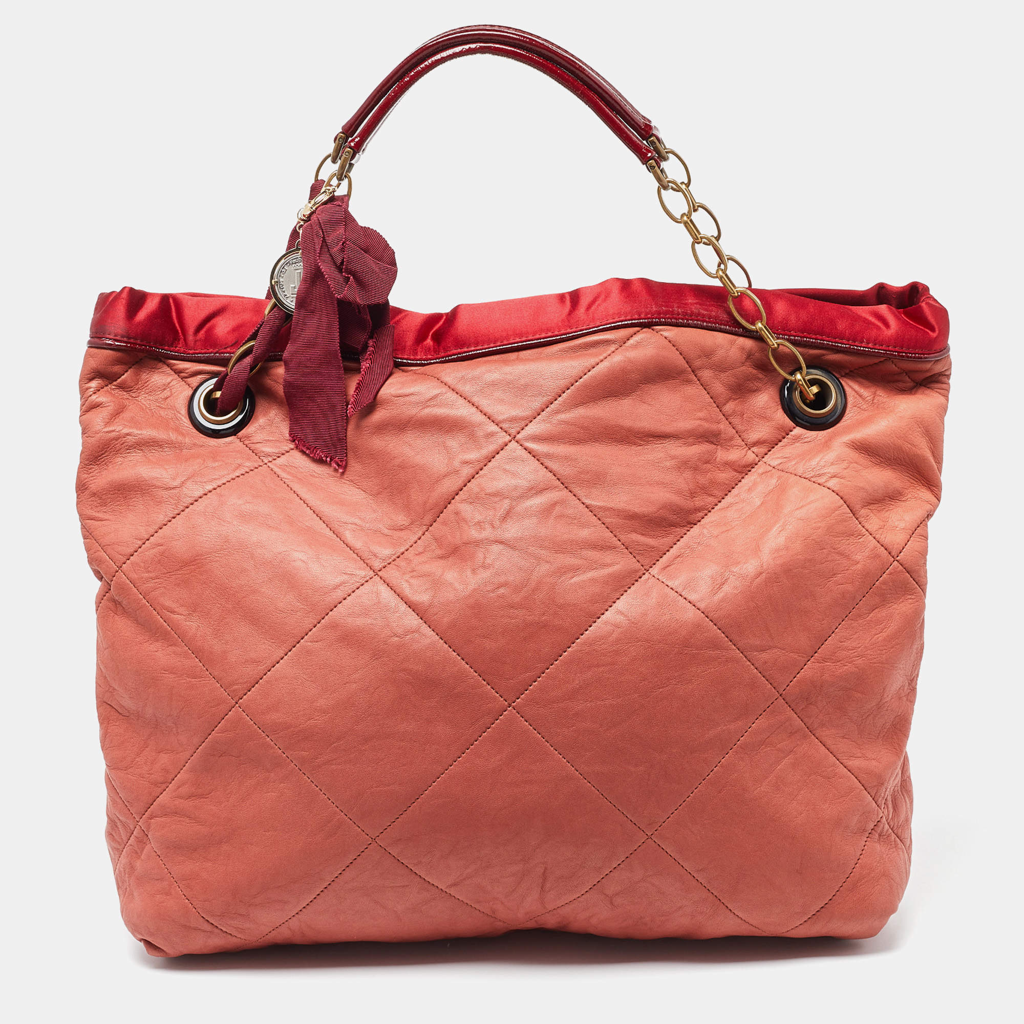 Pre Owned Lanvin Rust/Red Leather/Satin and Patent Leather Amalia Cabas Tote