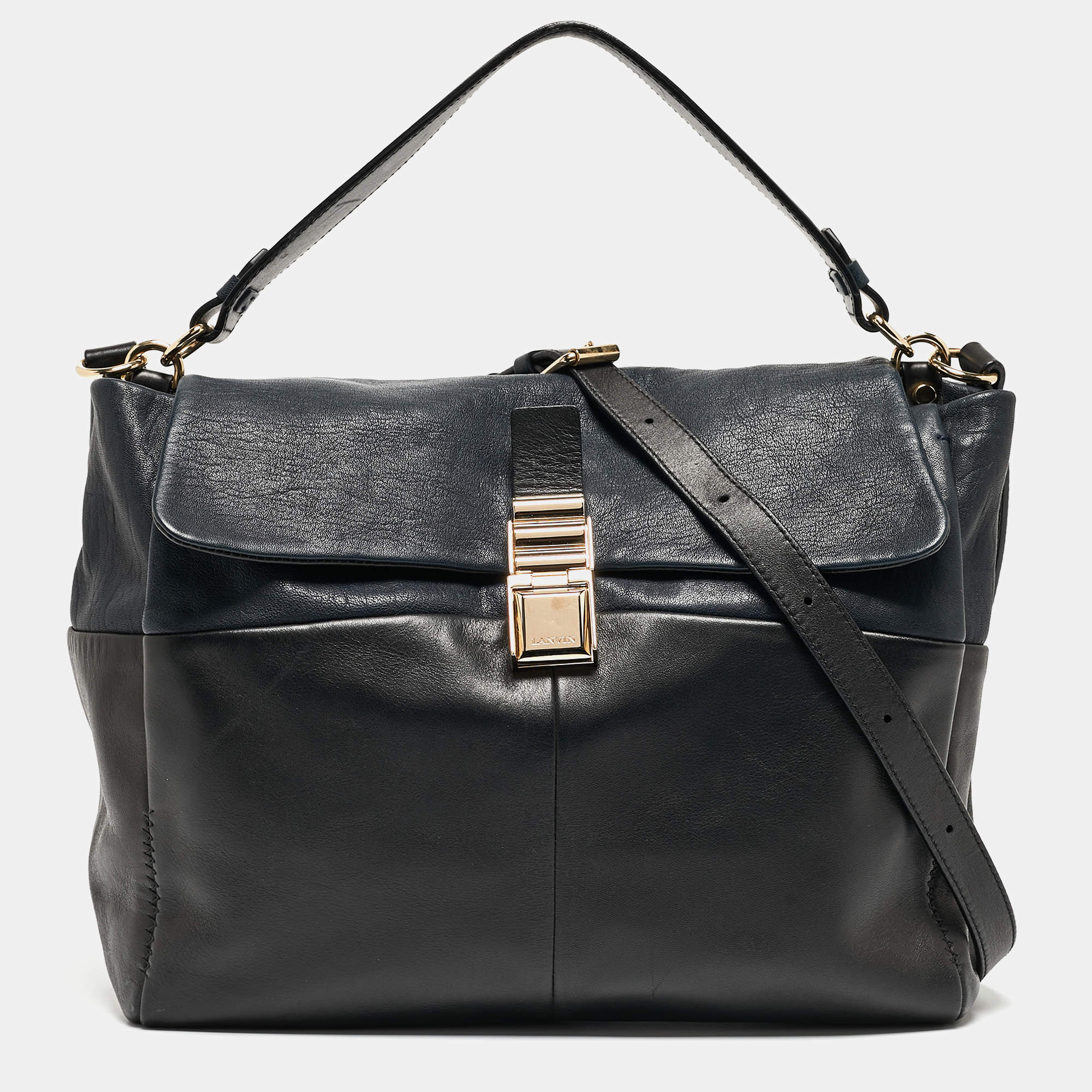 Pre Owned Lanvin Black/Navy Blue Leather For Me Double Top Handle Bag