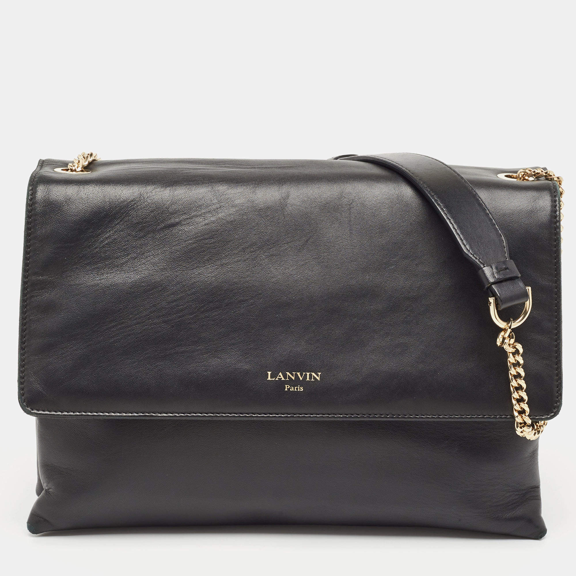 Pre Owned Lanvin Black Leather Flap Chain Shoulder Bag