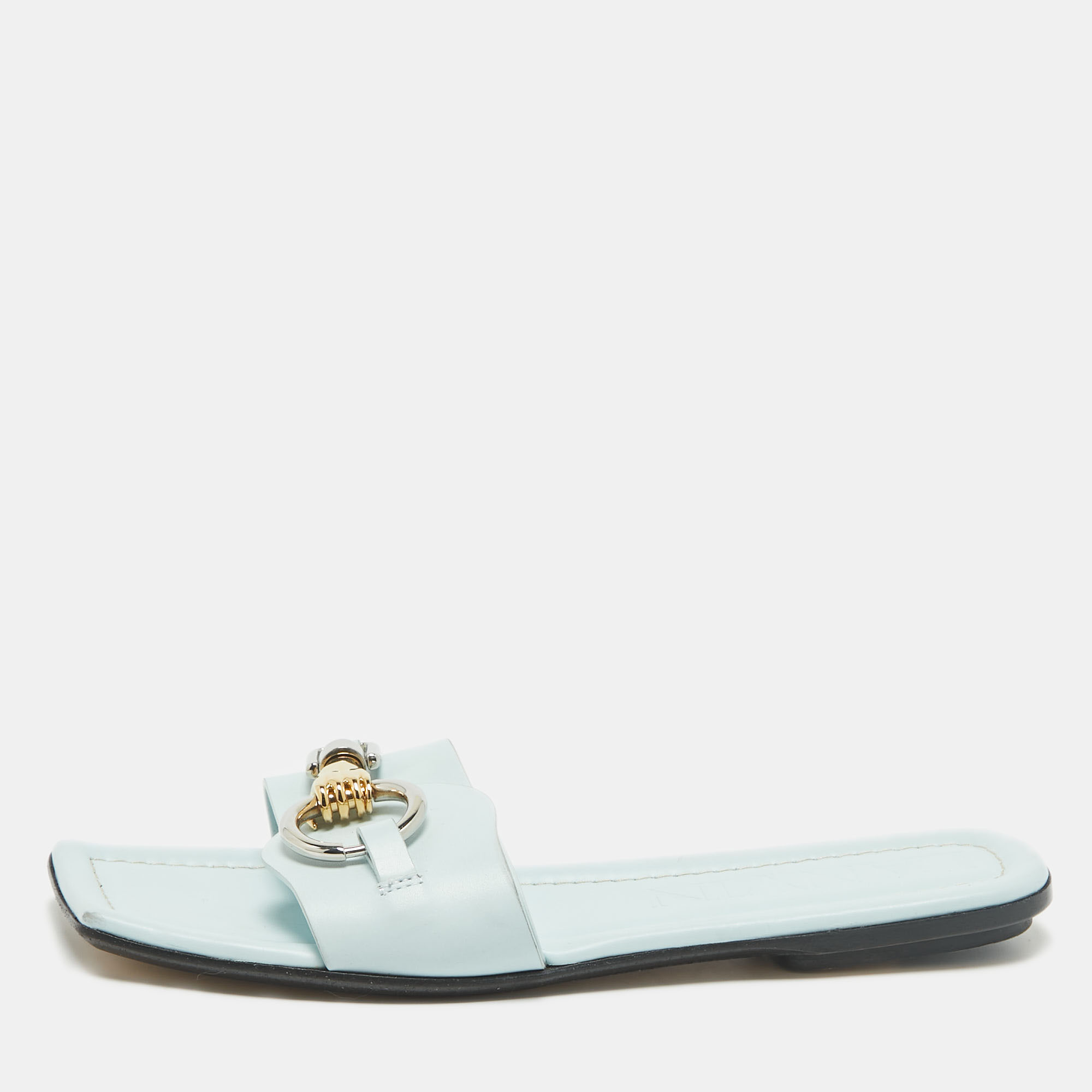 Lanvin Blue Leather Embellished Flat Slides Size 38