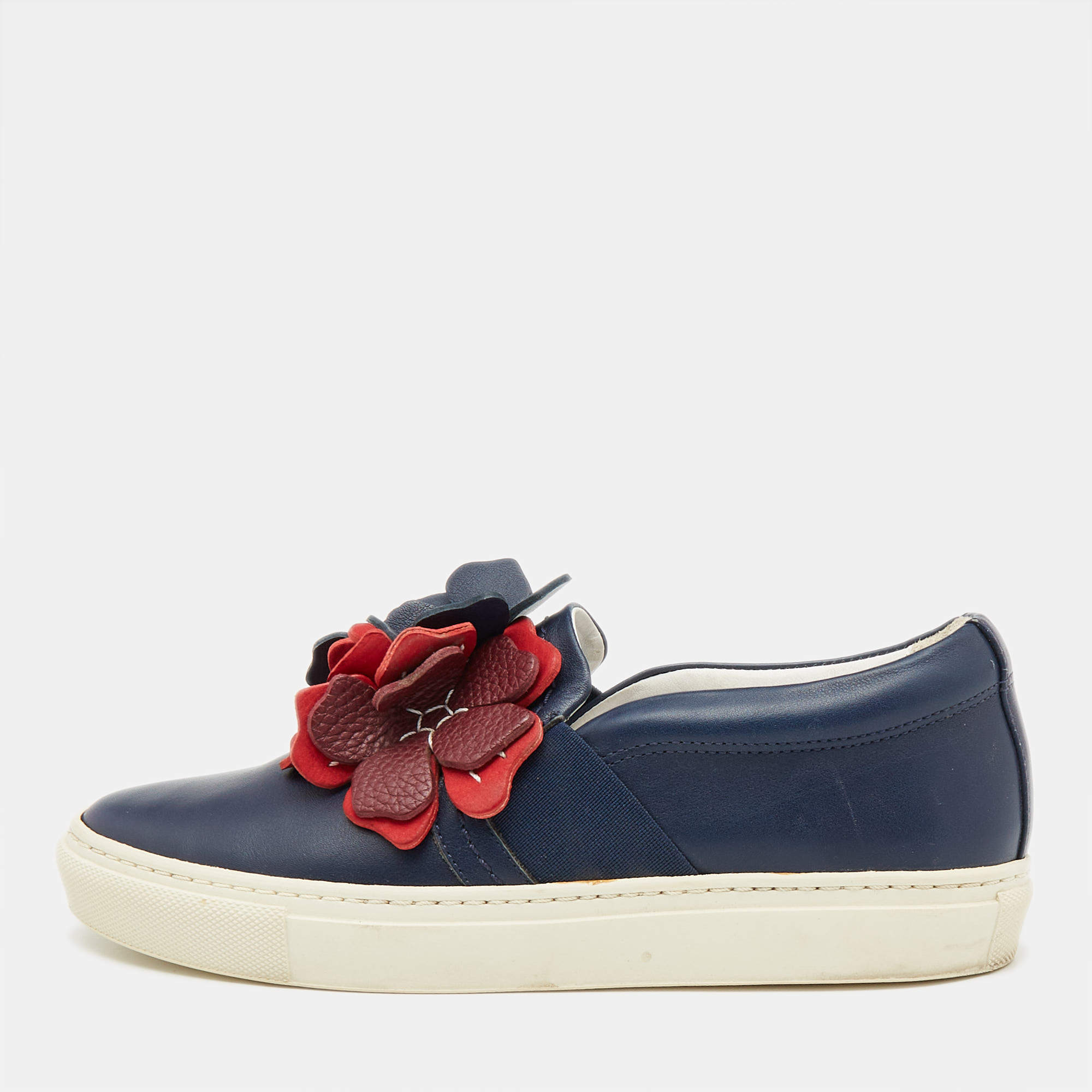 Pre Owned Lanvin Navy Blue Leather Flower Embellished Slip On Sneakers Size 37